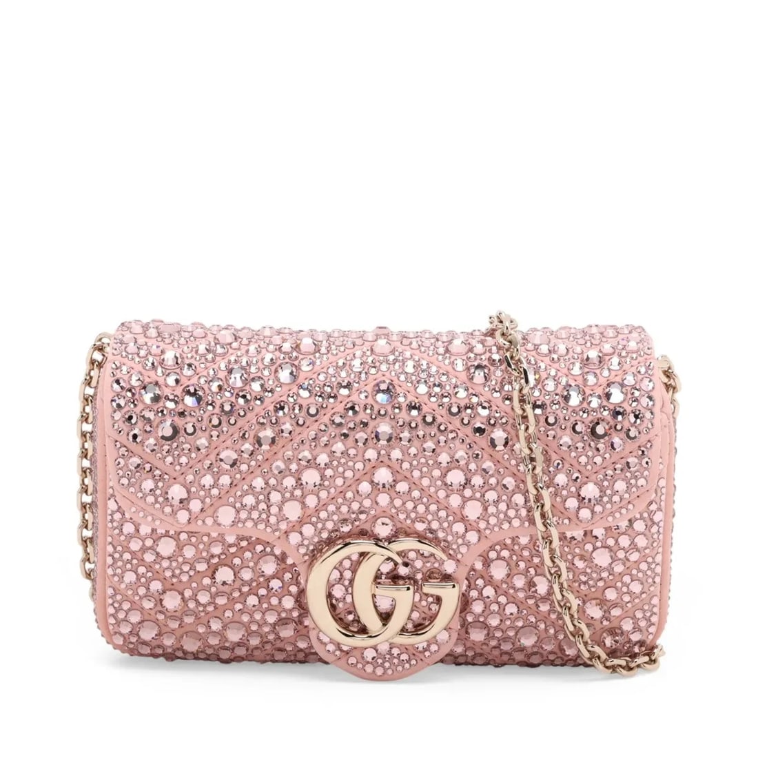 GUCCI GG MARMONT SUEDE X CRYSTAL CHAIN SHOULDER BAG: Gucci GG Marmont suede x crystal Chain Shoulder Bag Brand: Gucci Type/Style: Shoulder Bag Material: suede x crystal Color: Pink Size: Height:4.1inchLength:6.5inchDepth:1.8inch Accessories: None