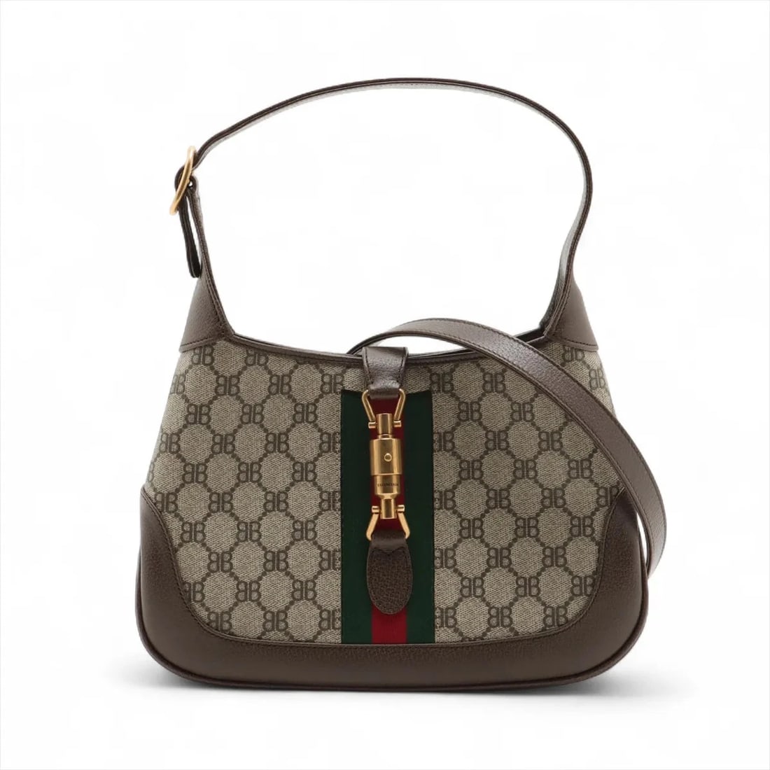 GUCCI X BALENCIAGA JACKIE SHOULDER BAG BEIGE X: Gucci x Balenciaga Jackie Shoulder bag Beige x Brand: Gucci x Balenciaga Type/Style: Shoulder Bag Material: PVC & leather Color: Beige?Brown Size: Height:7.5inchLength:10.8inchDepth:2.0inch Access