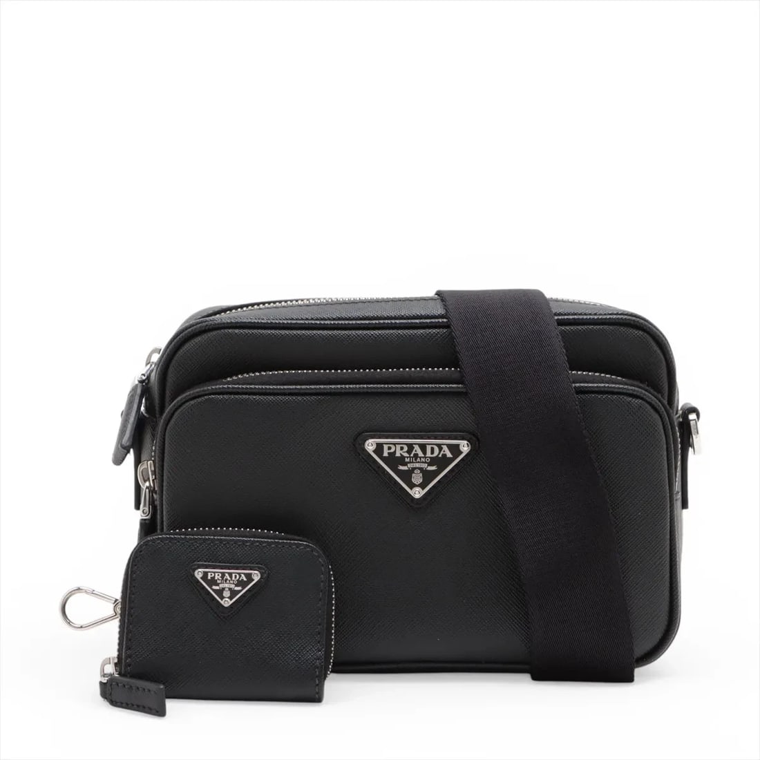 PRADA SAFFIANO LEATHER SHOULDER BAG: Prada Saffiano Leather Shoulder bag Brand: Prada Type/Style: Shoulder Bag Material: Leather Color: Black Size: Height:5.5inchLength:8.1inchDepth:2.0inch Accessories: None Accessories Notic