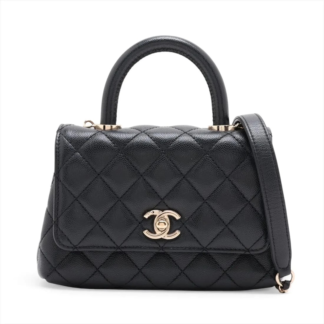 CHANEL COCO HANDLE CAVIAR SKIN HANDBAG: Chanel Coco handle Caviar Skin Handbag Brand: Chanel Type/Style: Top Handle Bag Material: Caviar Skin Color: Black Size: Height:4.7inchLength:7.3inchDepth:3.3inch Accessories: None Accesso