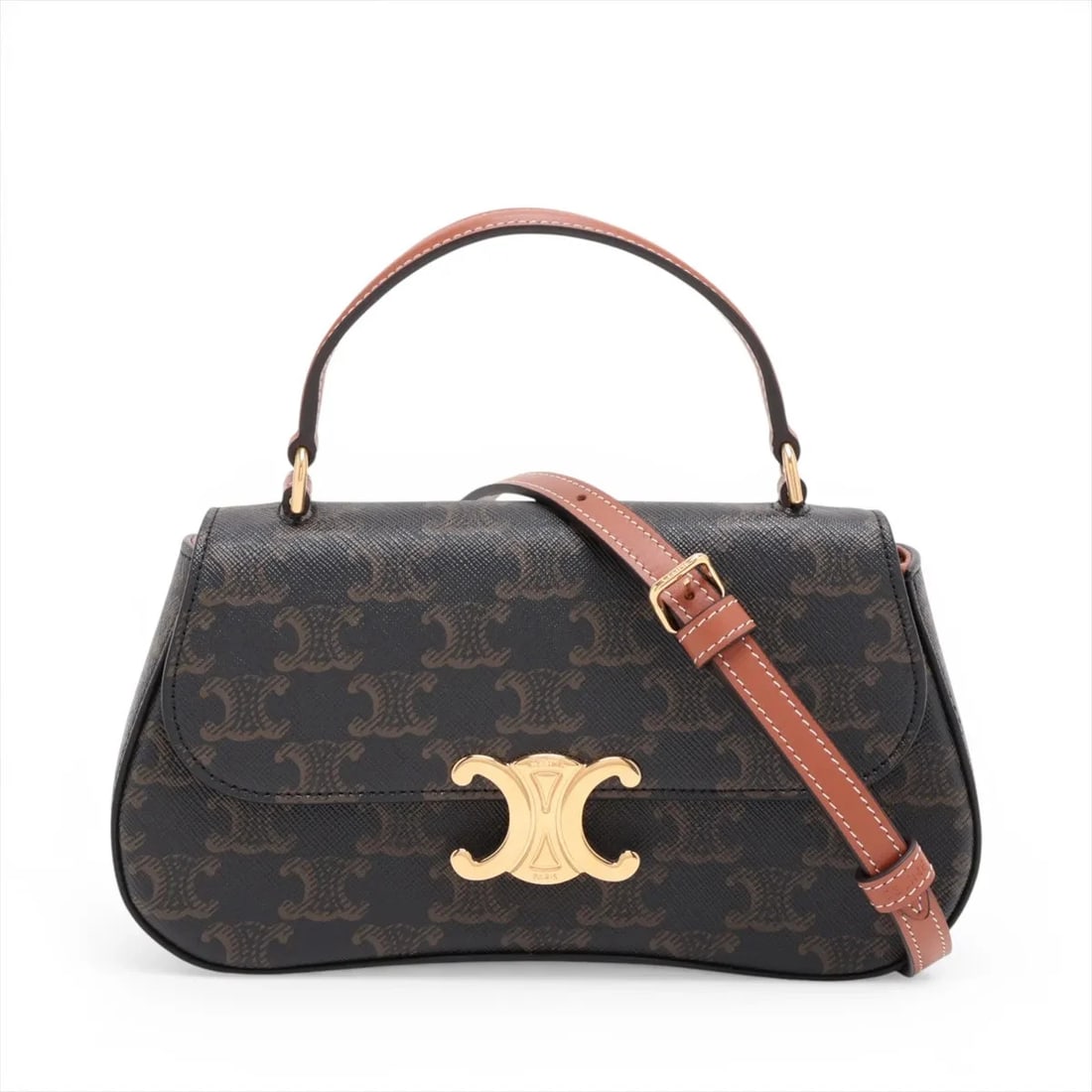 CELINE TRIOMPHE TEEN LOLA HANDBAG: Celine Triomphe teen Lola Handbag Brand: Celine Type/Style: Top Handle Bag Material: PVC & leather Color: Brown Size: Height:4.7inchLength:8.7inchDepth:2.0inch Accessories: None Accessorie