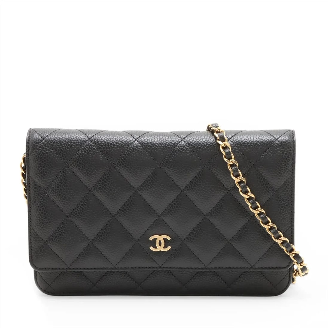 CHANEL MATELASSE CAVIAR SKIN CHAIN WALLET BLACK GOLD METAL: Chanel Matelasse Caviar Skin Chain Wallet Black Gold Metal Brand: Chanel Type/Style: Shoulder Bag Material: Caviar Skin Color: Black Size: Height:4.9inchLength:7.7inchDepth:0.8inch Accessories: No