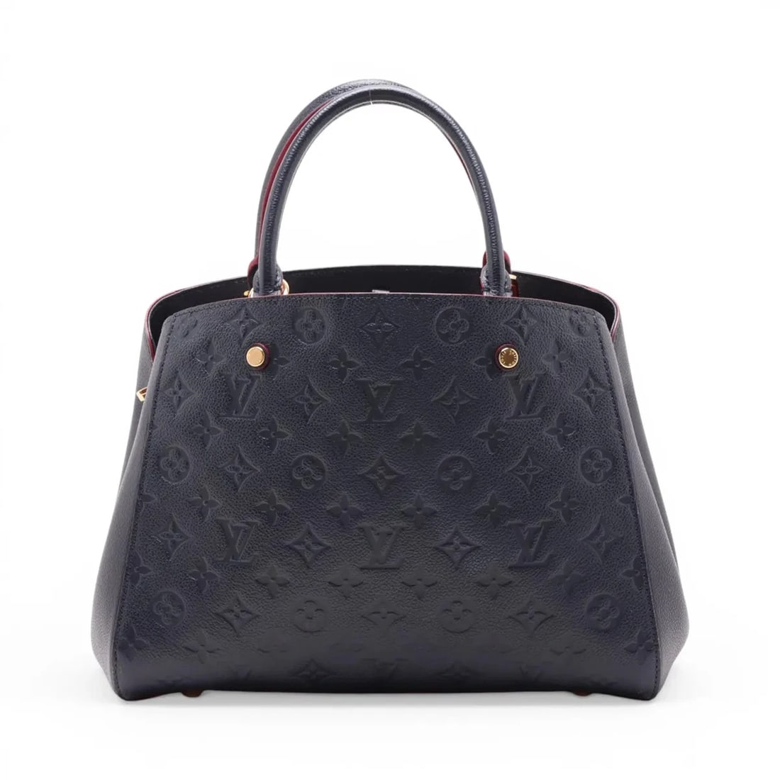 LOUIS VUITTON MONOGRAM EMPREINTE MONTAIGNE: Louis Vuitton monogram empreinte Montaigne Brand: Louis Vuitton Type/Style: Top Handle Bag Material: monogram Color: Navy x red Size: Height:8.9inchLength:12.6inchDepth:5.7inch Accessories: None
