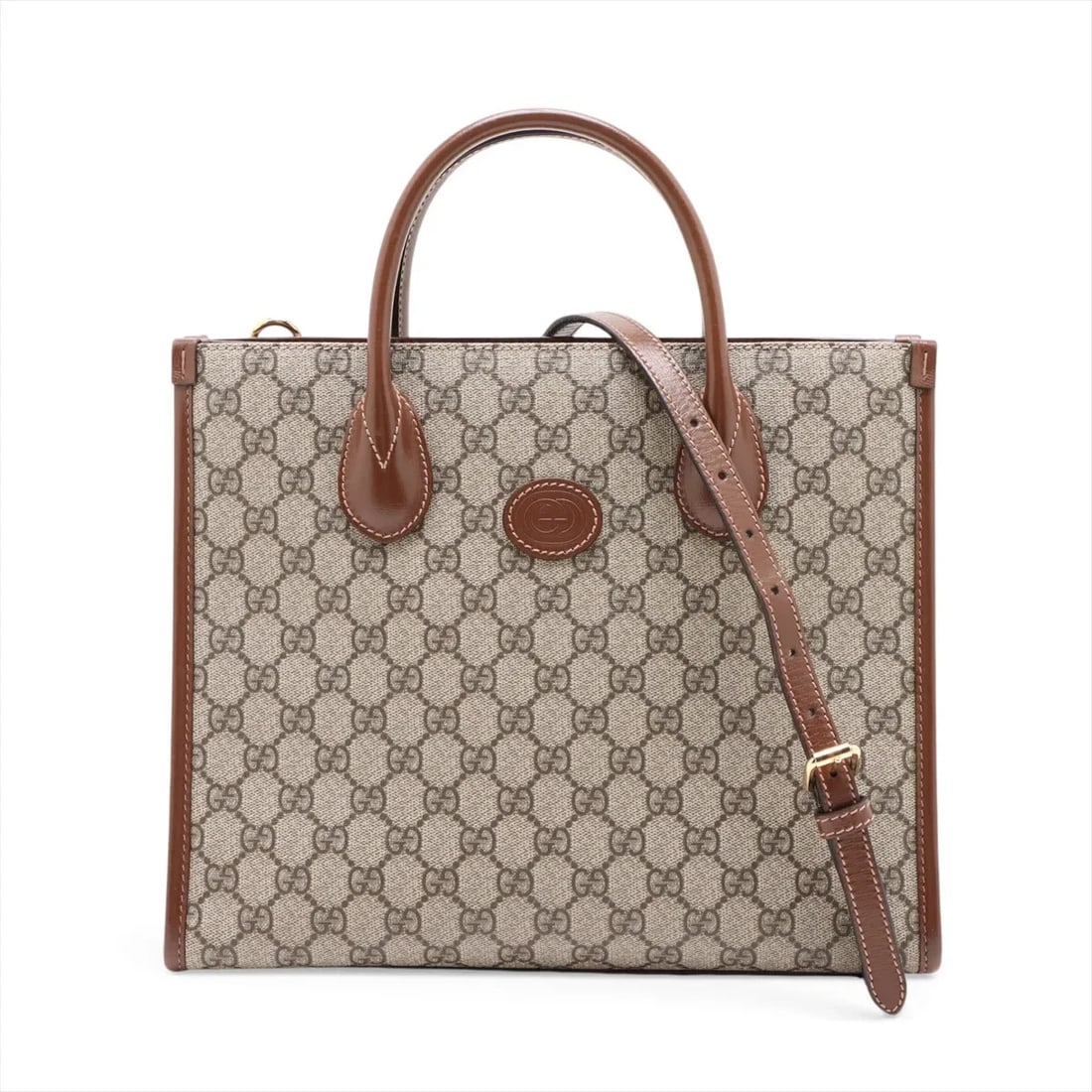 GUCCI GG SUPREME PVC & LEATHER 2 WAY HANDBAG: Gucci GG Supreme PVC & leather 2 Way Handbag Brand: Gucci Type/Style: Top Handle Bag Material: PVC & leather Color: Brown Size: Height:10.0inchLength:12.4inchDepth:5.1inch Accessories: None