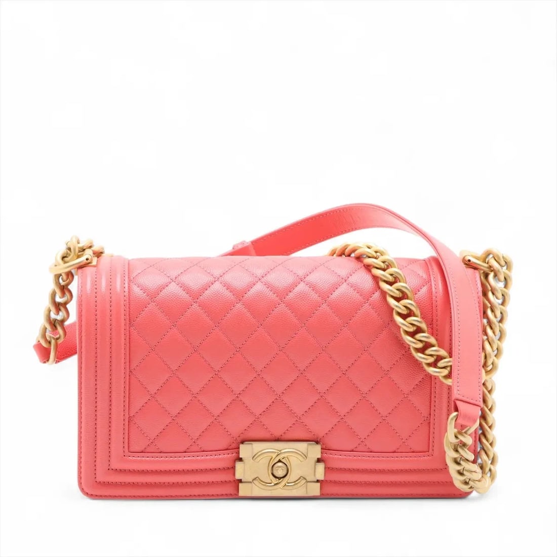 CHANEL BOY CAVIAR SKIN CHAIN SHOULDER BAG: Chanel BOY Caviar Skin Chain Shoulder Bag Brand: Chanel Type/Style: Shoulder Bag Material: Caviar Skin Color: Pink Size: Height:5.9inchLength:9.8inchDepth:2.6inch Accessories: None Accesso