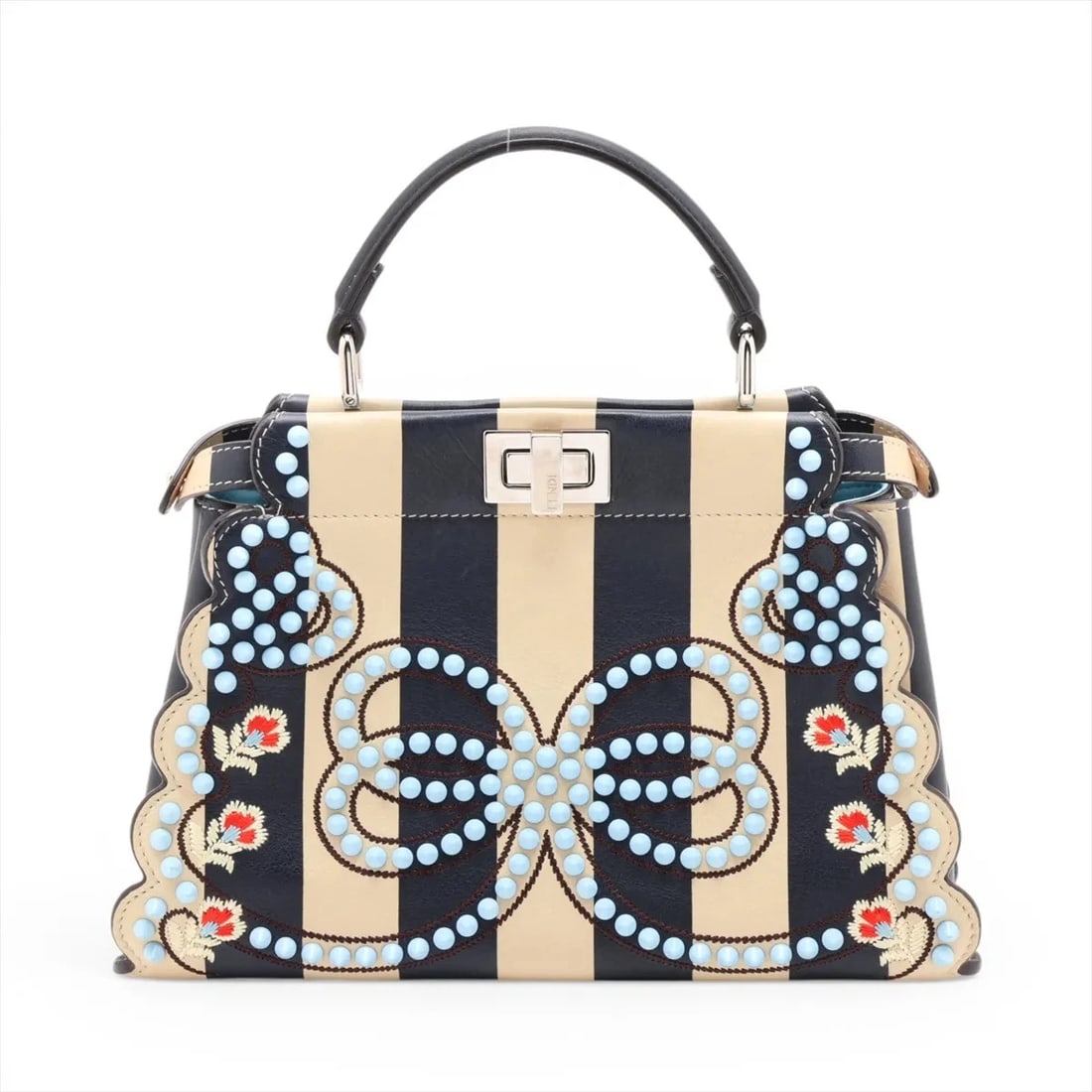 FENDI MINI PEEK-A-BOO LEATHER HAND BAG: Fendi Mini Peek-a-boo Leather Hand bag Brand: Fendi Type/Style: Top Handle Bag Material: Leather Color: Beige x black Size: Height:7.1inchLength:10.4inchDepth:4.1inch Accessories: None Acc
