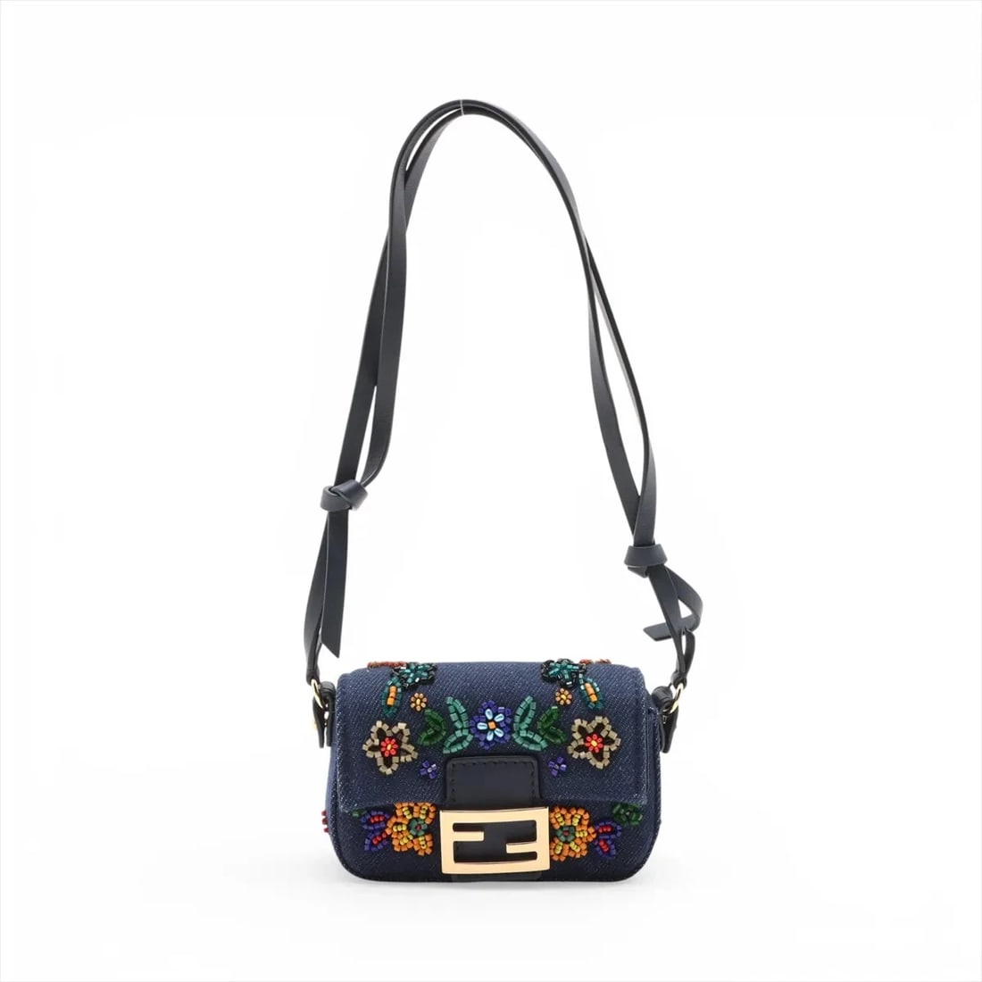 FENDI NANO BUCKET DENIM & LEATHER HAND BAG: Fendi nano bucket Denim & leather Hand bag Brand: Fendi Type/Style: Top Handle Bag Material: Denim & leather Color: Navy Blue Size: Height:2.8inchLength:4.1inchDepth:0.8inch Accessories: None
