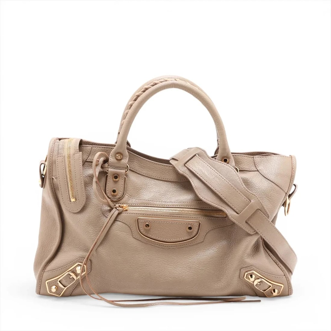 BALENCIAGA METALLIC EDGE CITY LEATHER 2 WAY HANDBAG: Balenciaga Metallic Edge City Leather 2 Way Handbag Brand: Balenciaga Type/Style: Top Handle Bag Material: Leather Color: Beige Size: Height:9.6inchLength:15.0inchDepth:5.5inch Accessories: None