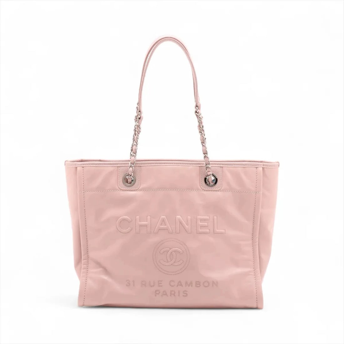 CHANEL DEAUVILLE MM LEATHER X CAVIAR SKIN CHAIN TOTE BAG: Chanel Deauville MM leather x caviar skin Chain Tote Bag Brand: Chanel Type/Style: Tote Material: Leather x caviar skin Color: Pink Size: Height:10.2inchLength:13.2inchDepth:5.5inch Accessories: N