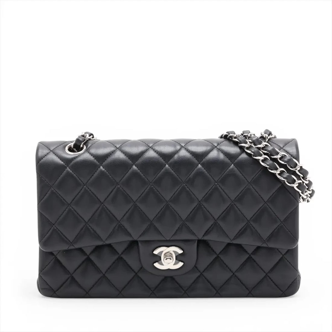 CHANEL MATELASSE 25 LAMBSKIN DOUBLE CHAIN BAG: Chanel Matelasse 25 Lambskin Double Chain Bag Brand: Chanel Type/Style: Shoulder Bag Material: Lambskin Color: Black Size: Height:6.1inchLength:9.8inchDepth:2.4inch Accessories: None Accessories