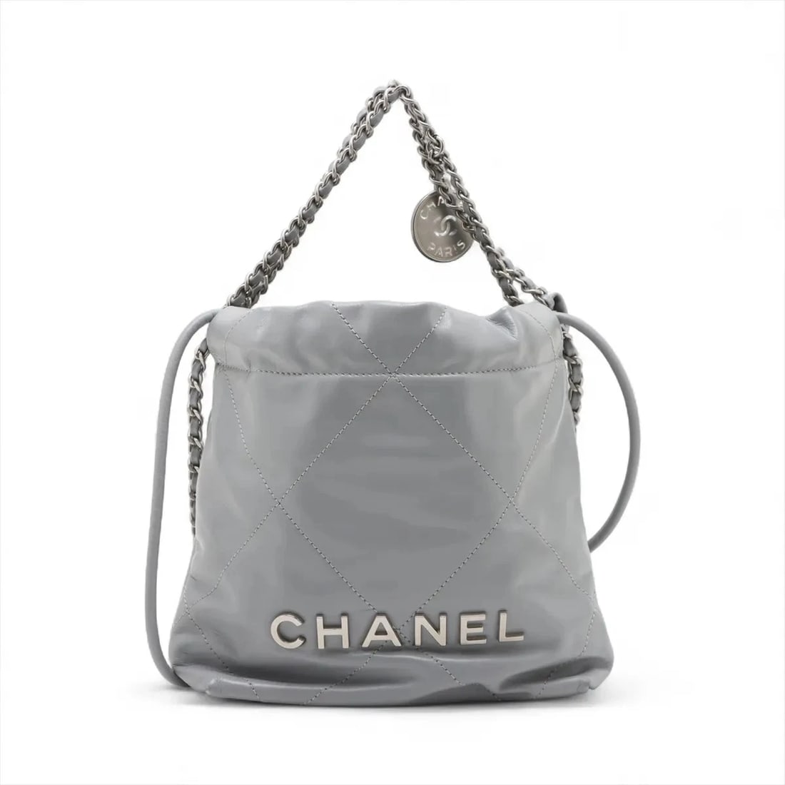 CHANEL 22 MINI SHINY CALFSKIN CHAIN SHOULDER BAG: Chanel 22 mini shiny calfskin Chain Shoulder Bag Brand: Chanel Type/Style: Shoulder Bag Material: shiny calfskin Color: Gray Size: Height:7.5inchLength:6.9inchDepth:2.2inch Accessories: None