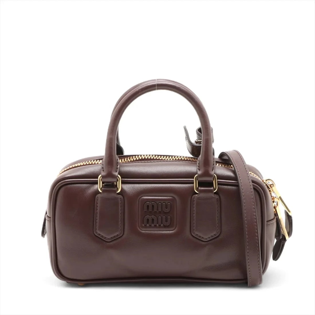 MIU MIU ARKADY LEATHER 2 WAY HANDBAG: Miu Miu Arkady Leather 2 Way Handbag Brand: Miu Miu Type/Style: Top Handle Bag Material: Leather Color: Brown Size: Height:4.3inchLength:8.7inchDepth:3.0inch Accessories: None Accessories Notice:
