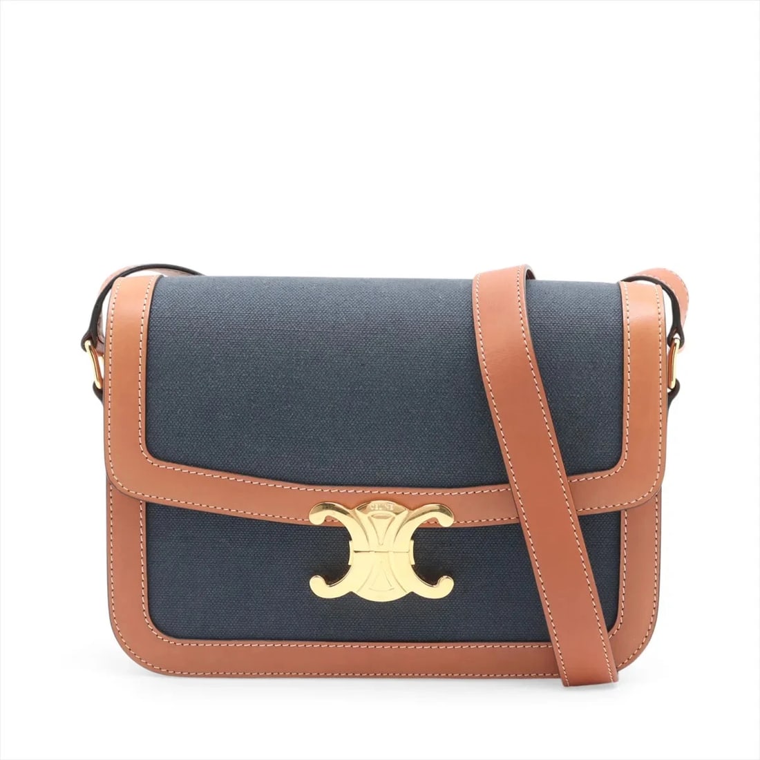 CELINE TRIOMPHE CLASSIC CANVAS & LEATHER SHOULDER BAG: Celine Triomphe Classic Canvas & Leather Shoulder bag Brand: Celine Type/Style: Shoulder Bag Material: Canvas & Leather Color: Navy x brown Size: Height:6.3inchLength:8.9inchDepth:3.0inch