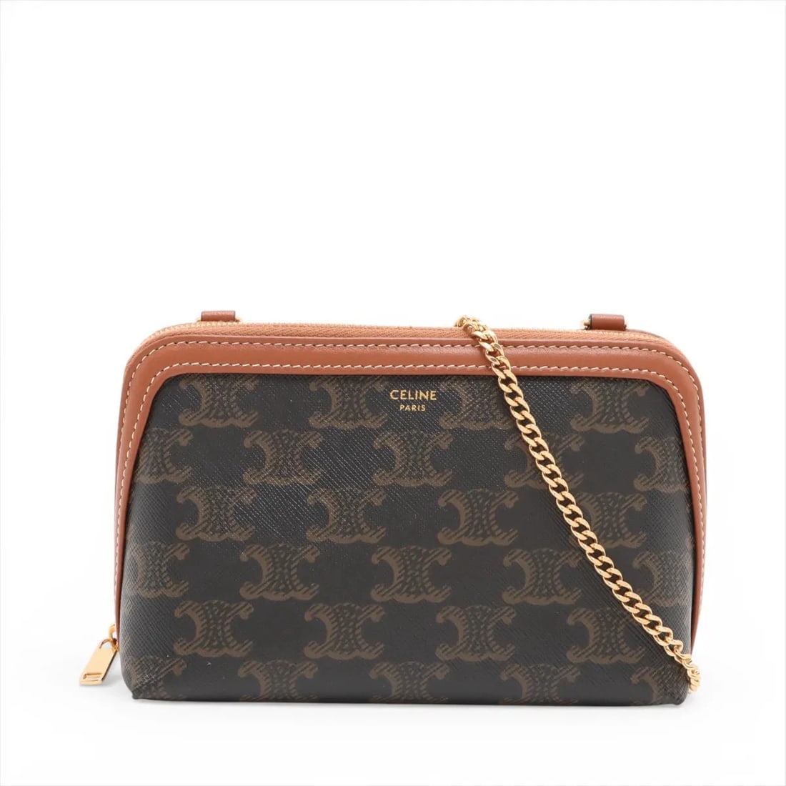 CELINE TRIOMPHE PVC & LEATHER CHAIN SHOULDER BAG: Celine Triomphe PVC & leather Chain Shoulder Bag Brand: Celine Type/Style: Shoulder Bag Material: PVC & leather Color: Brown Size: Height:3.9inchLength:6.3inchDepth:3.0inch Accessories: None <