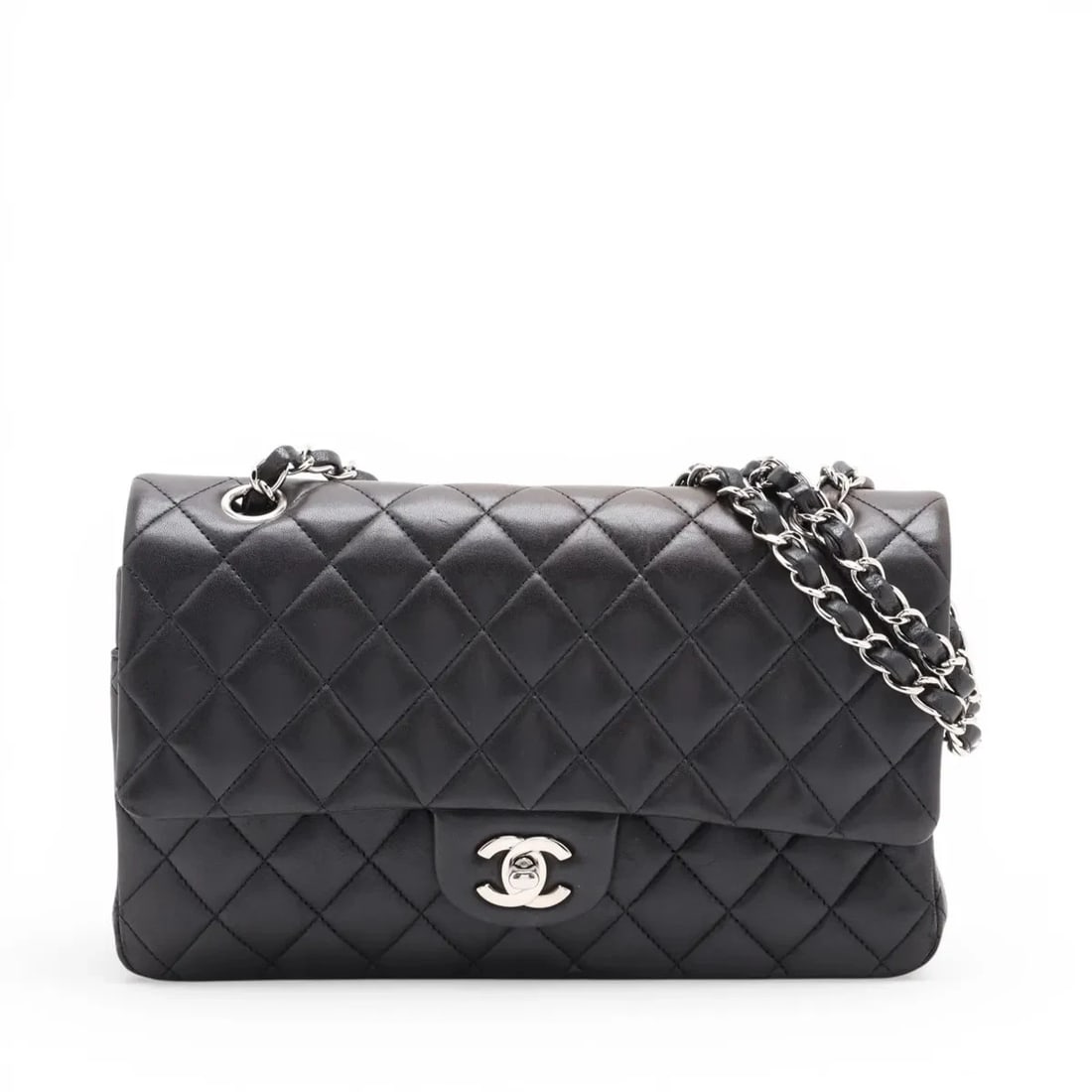 CHANEL MATELASSE LAMBSKIN DOUBLE CHAIN BAG: Chanel Matelasse Lambskin Double Chain Bag Brand: Chanel Type/Style: Shoulder Bag Material: Lambskin Color: Black Size: Height:6.1inchLength:10.0inchDepth:2.6inch Accessories: None Accessories