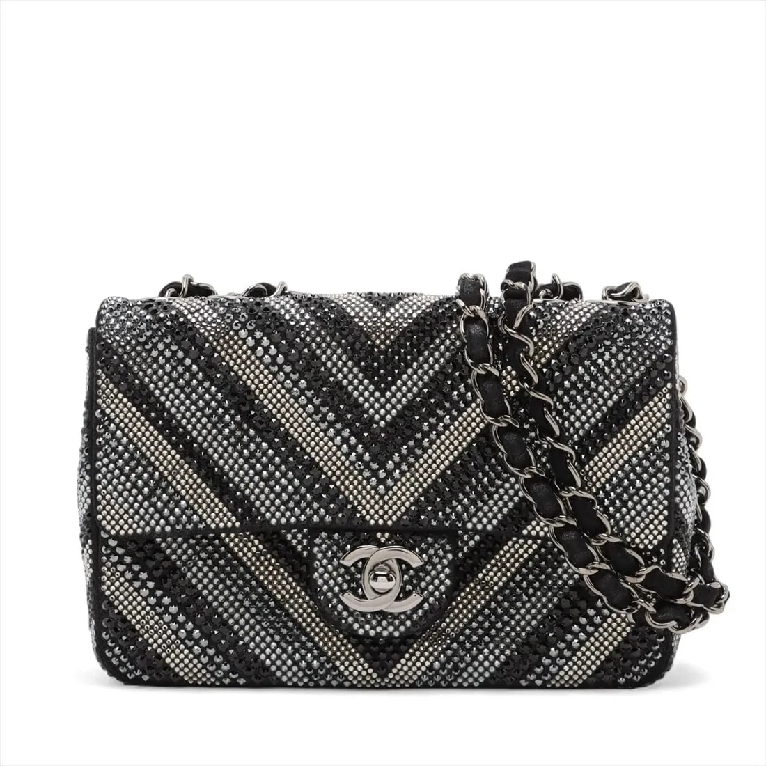 CHANEL CHEVRON RHINESTONE SINGLE FLAP DOUBLE CHAIN BAG: Chanel Chevron Rhinestone Single Flap Double Chain Bag Brand: Chanel Type/Style: Shoulder Bag Material: Rhinestone Color: Black Size: Height:5.3inchLength:7.7inchDepth:2.0inch Accessories: None