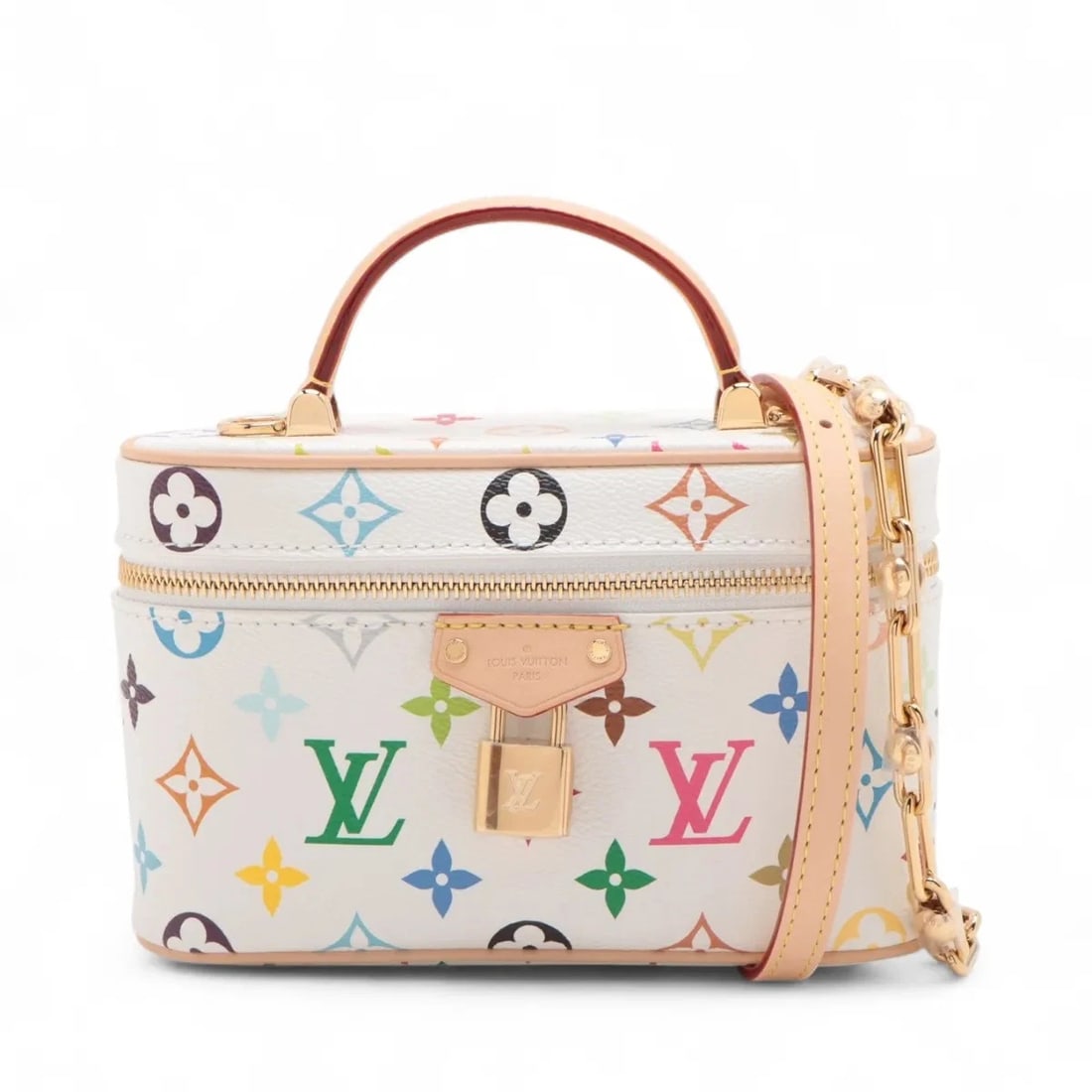 VUITTON X MURAKAMI TAKASHI MONOGRAM MULTICOLOR VANITY CHAIN POUCH: Vuitton x Murakami Takashi Monogram multicolor Vanity Chain Pouch Brand: Vuitton x Murakami Takashi Type/Style: Top Handle Bag Material: Monogram Color: White Size: