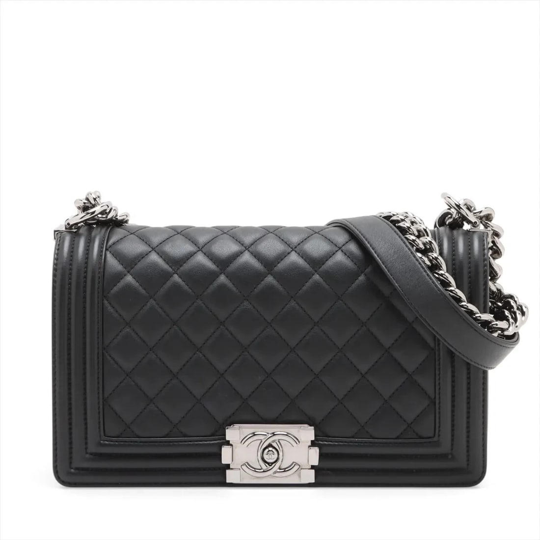 CHANEL BOY LAMBSKIN CHAIN SHOULDER BAG: Chanel BOY Lambskin Chain Shoulder Bag Brand: Chanel Type/Style: Shoulder Bag Material: Lambskin Color: Black Size: Height:5.9inchLength:9.8inchDepth:2.6inch Accessories: None Accessories