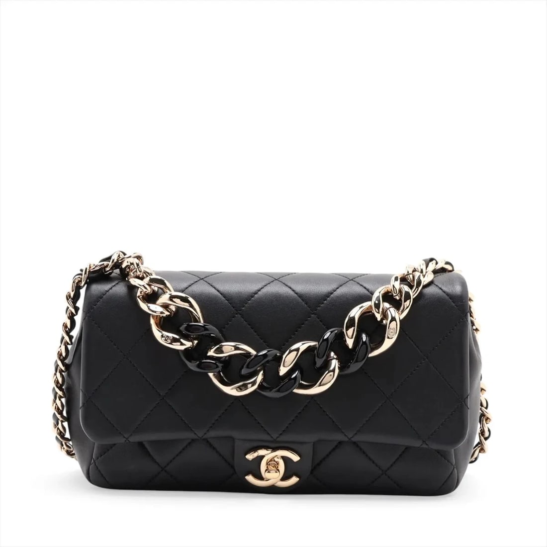 CHANEL MATELASSE LAMBSKIN CHAIN SHOULDER BAG: Chanel Matelasse Lambskin Chain Shoulder Bag Brand: Chanel Type/Style: Shoulder Bag Material: Lambskin Color: Black Size: Height:5.5inchLength:9.1inchDepth:2.2inch Accessories: None Access