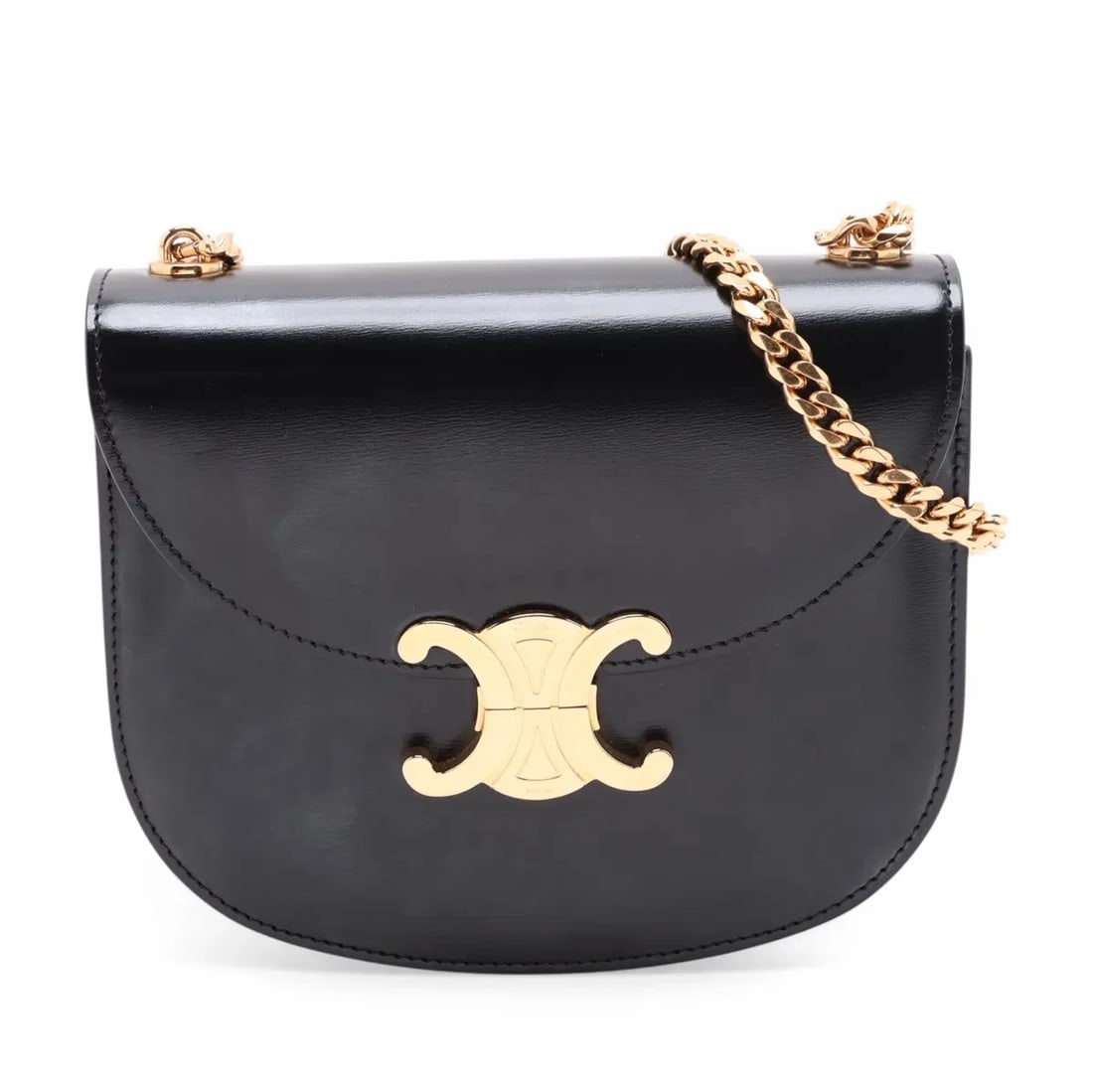 CELINE TRIOMPHE BUZAS LEATHER CHAIN SHOULDER BAG: Celine Triomphe Buzas Leather Chain Shoulder Bag Brand: Celine Type/Style: Shoulder Bag Material: Leather Color: Black Size: Height:5.9inchLength:7.3inchDepth:2.2inch Accessories: None Accessories