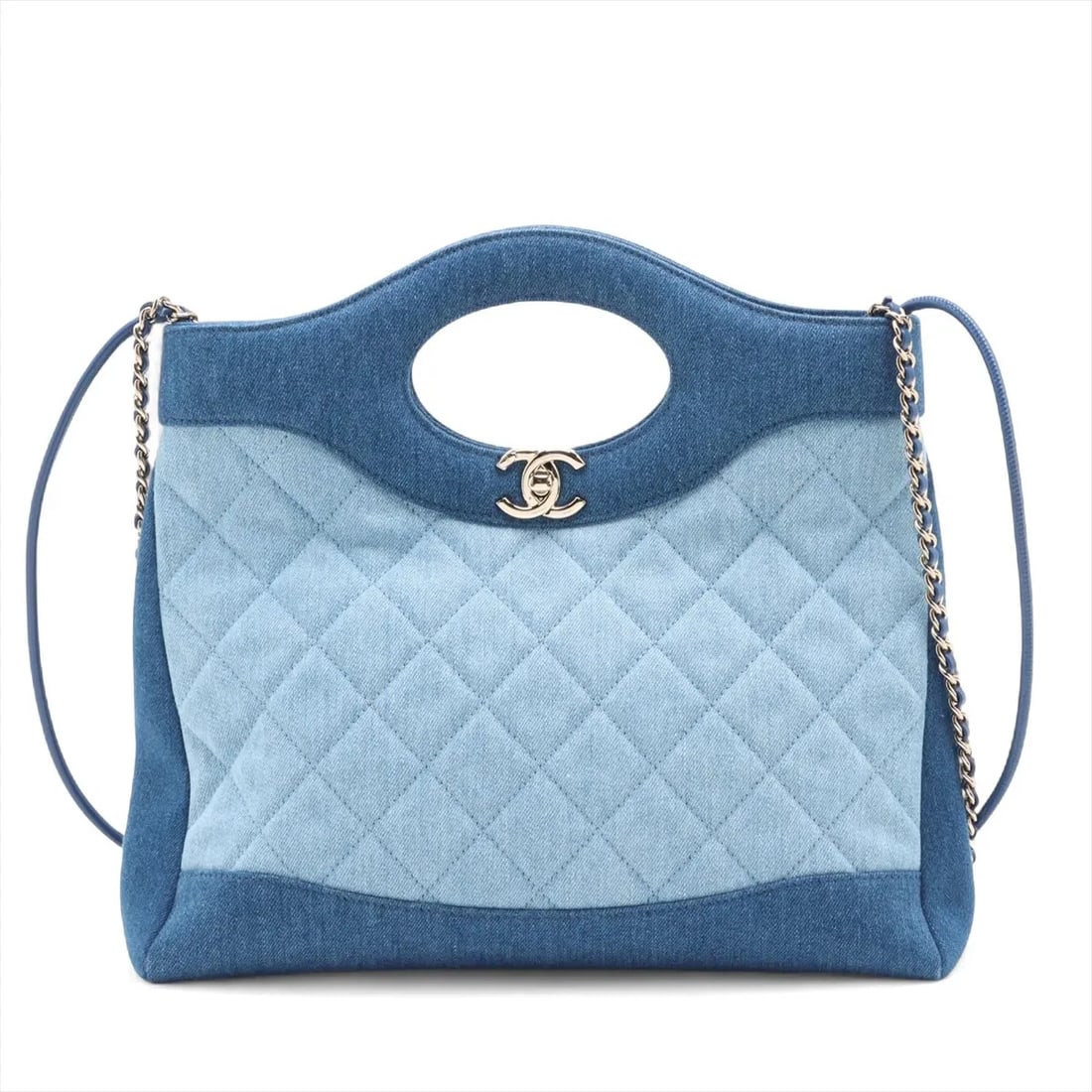 CHANEL 31 DENIM 2 WAY HANDBAG BLUE GOLD METAL: Chanel 31 Denim 2 Way Handbag Blue Gold Metal Brand: Chanel Type/Style: Top Handle Bag Material: Denim Color: Blue Size: Height:11.0inchLength:11.4inchDepth:2.8inch Accessories: None Accessories