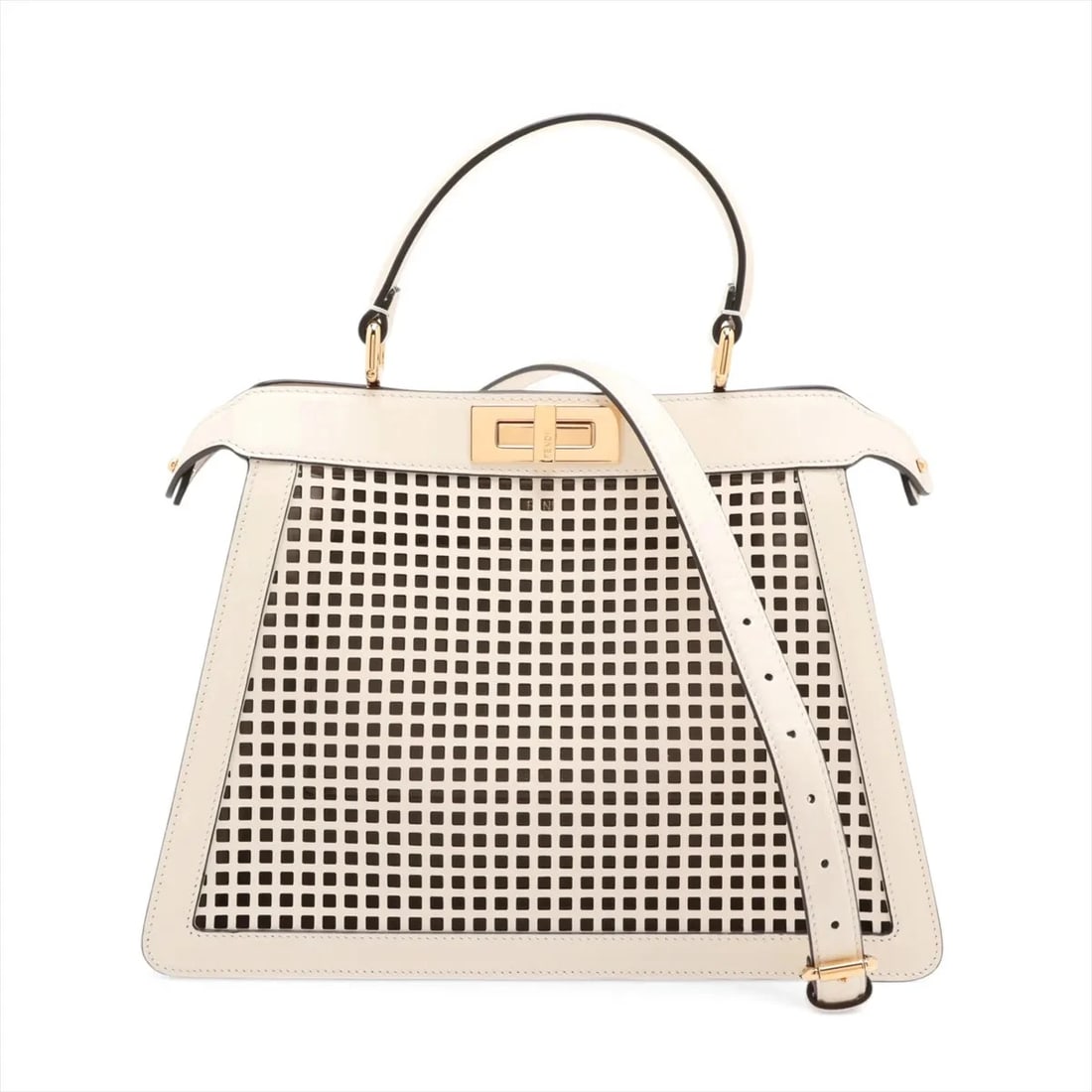 FENDI PEEK-A-BOO MEDIUM LEATHER 2 WAY HANDBAG: Fendi Peek-a-boo Medium Leather 2 Way Handbag Brand: Fendi Type/Style: Top Handle Bag Material: Leather Color: Ivory Size: Height:9.8inchLength:13.0inchDepth:4.9inch Accessories: None Accessories