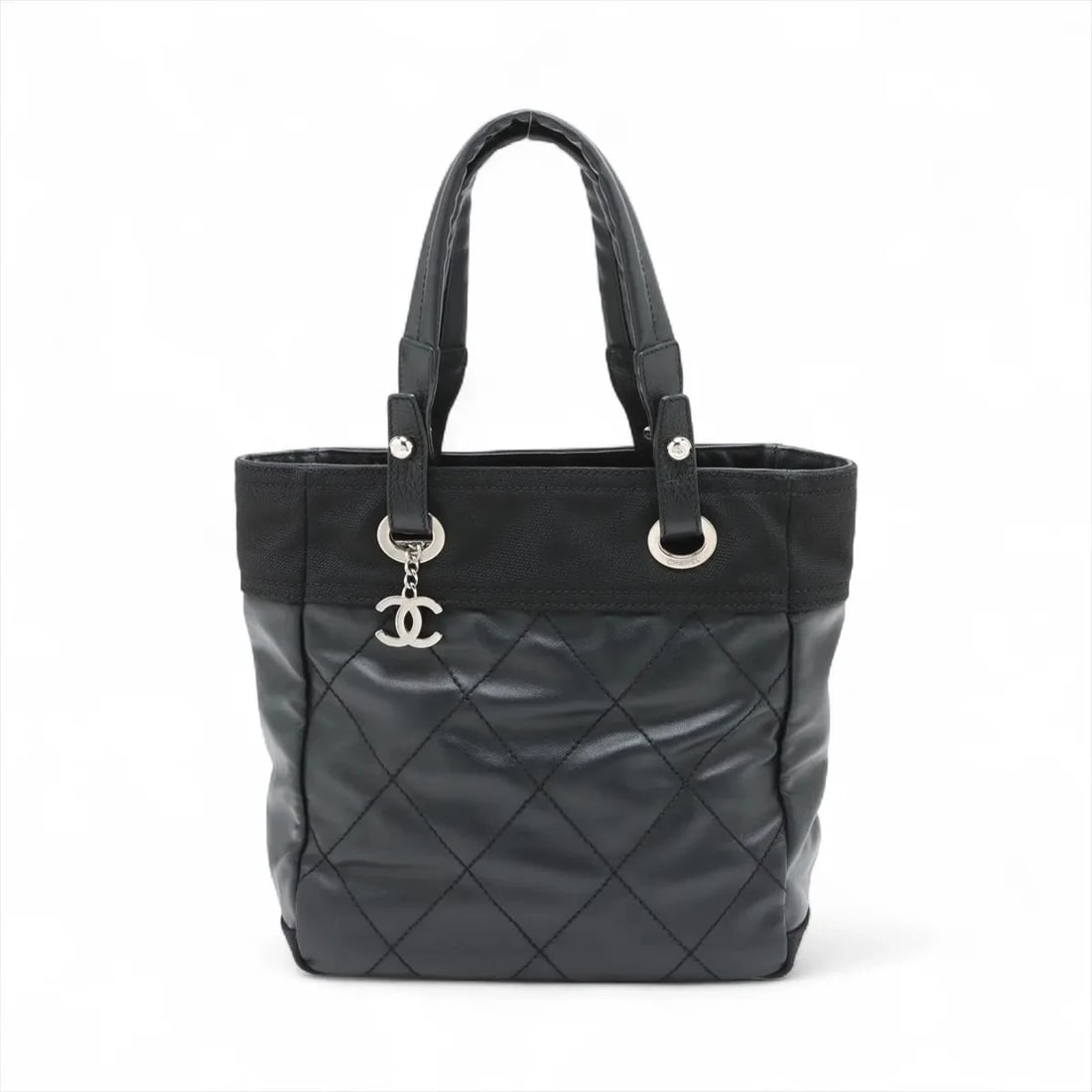 CHANEL PARIS BIARRITZ PM COATING CANVAS TOTE BAG: Chanel Paris Biarritz PM Coating canvas Tote bag Brand: Chanel Type/Style: Top Handle Bag Material: Coating canvas Color: Black Size: Height:10.4inchLength:10.0inchDepth:3.9inch Accessories: None