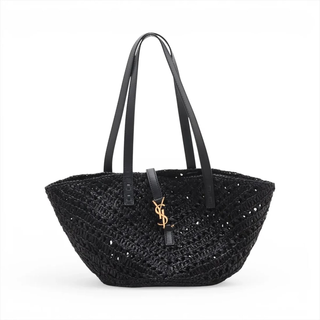 SAINT LAURENT PARIS PANIER RAFFIA X LEATHER TOTE BAG: Saint Laurent Paris Panier Raffia x leather Tote bag Brand: Saint Laurent Paris Type/Style: Tote Material: Raffia x leather Color: Black Size: Height:8.7inchLength:7.9inchDepth:7.9inch Accessories: