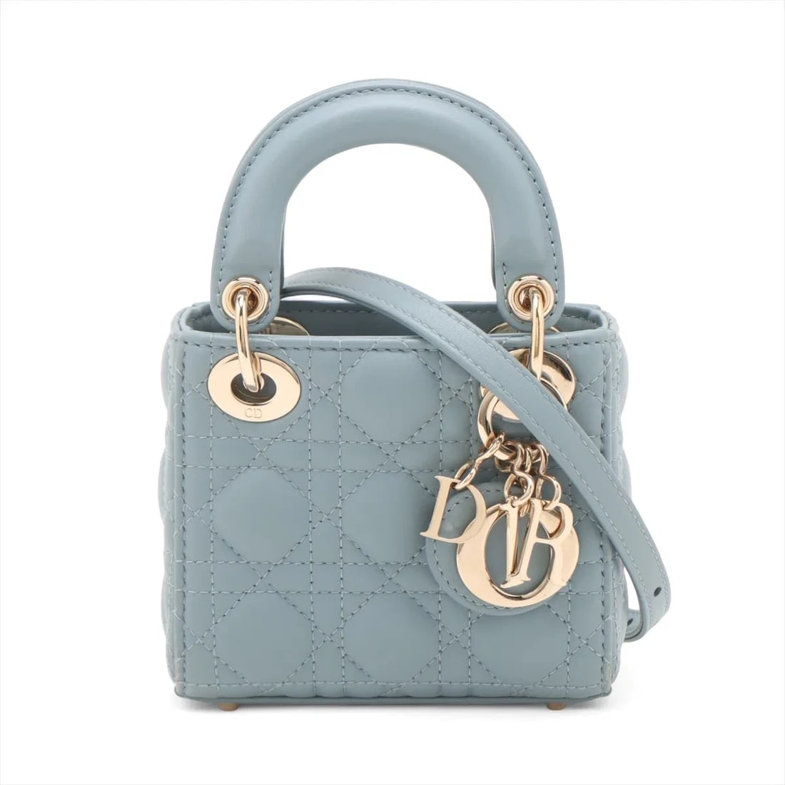 CHRISTIAN DIOR LADY DIOR CANNAGE MICRO LEATHER 2 WAY HANDBAG: Christian Dior Lady Dior Cannage Micro Leather 2 Way Handbag Brand: Christian Dior Type/Style: Top Handle Bag Material: Leather Color: Blue Size: Height:4.1inchLength:4.7inchDepth:2.0inch Accessor