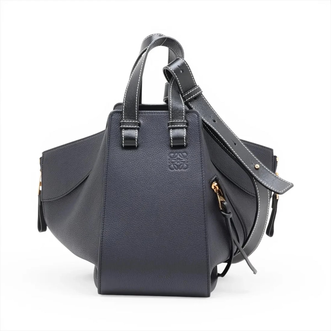 LOEWE HAMMOCK SMALL LEATHER 2 WAY HANDBAG: Loewe Hammock Small Leather 2 Way Handbag Brand: Loewe Type/Style: Top Handle Bag Material: Leather Color: navy x black Size: Height:9.3inchLength:5.5inchDepth:11.8inch Accessories: None A