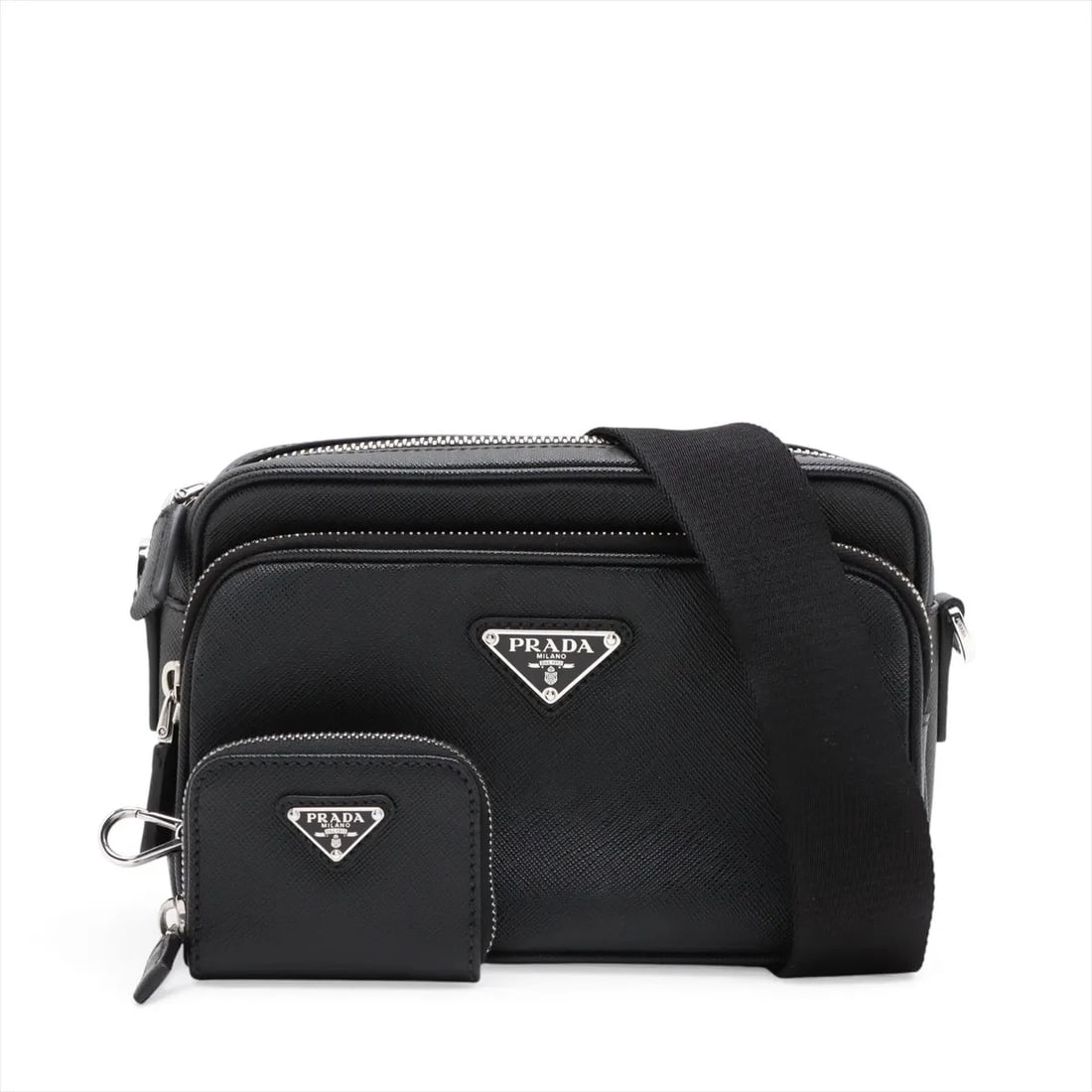 PRADA SAFFIANO LEATHER X NYLON SHOULDER BAG: Prada Saffiano Leather x nylon Shoulder bag Brand: Prada Type/Style: Shoulder Bag Material: Leather x nylon Color: Black Size: Height:5.5inchLength:8.3inchDepth:2.0inch Accessories: None A