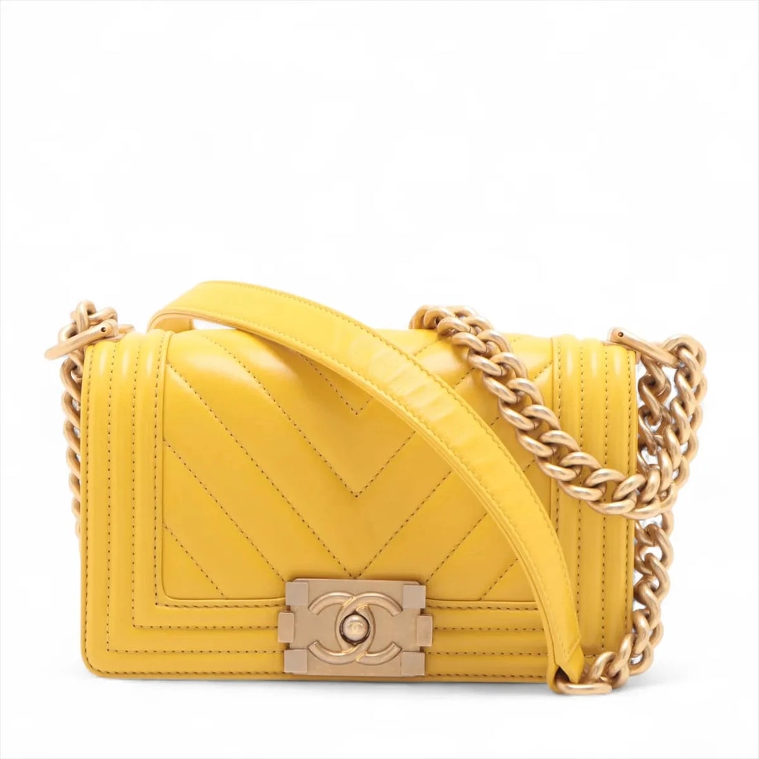 CHANEL SMALL LAMBSKIN CHAIN SHOULDER BAG: Chanel Small Lambskin Chain Shoulder Bag Brand: Chanel Type/Style: Shoulder Bag Material: Lambskin Color: Yellow Size: Height:4.7inchLength:7.9inchDepth:2.6inch Accessories: None Accessori