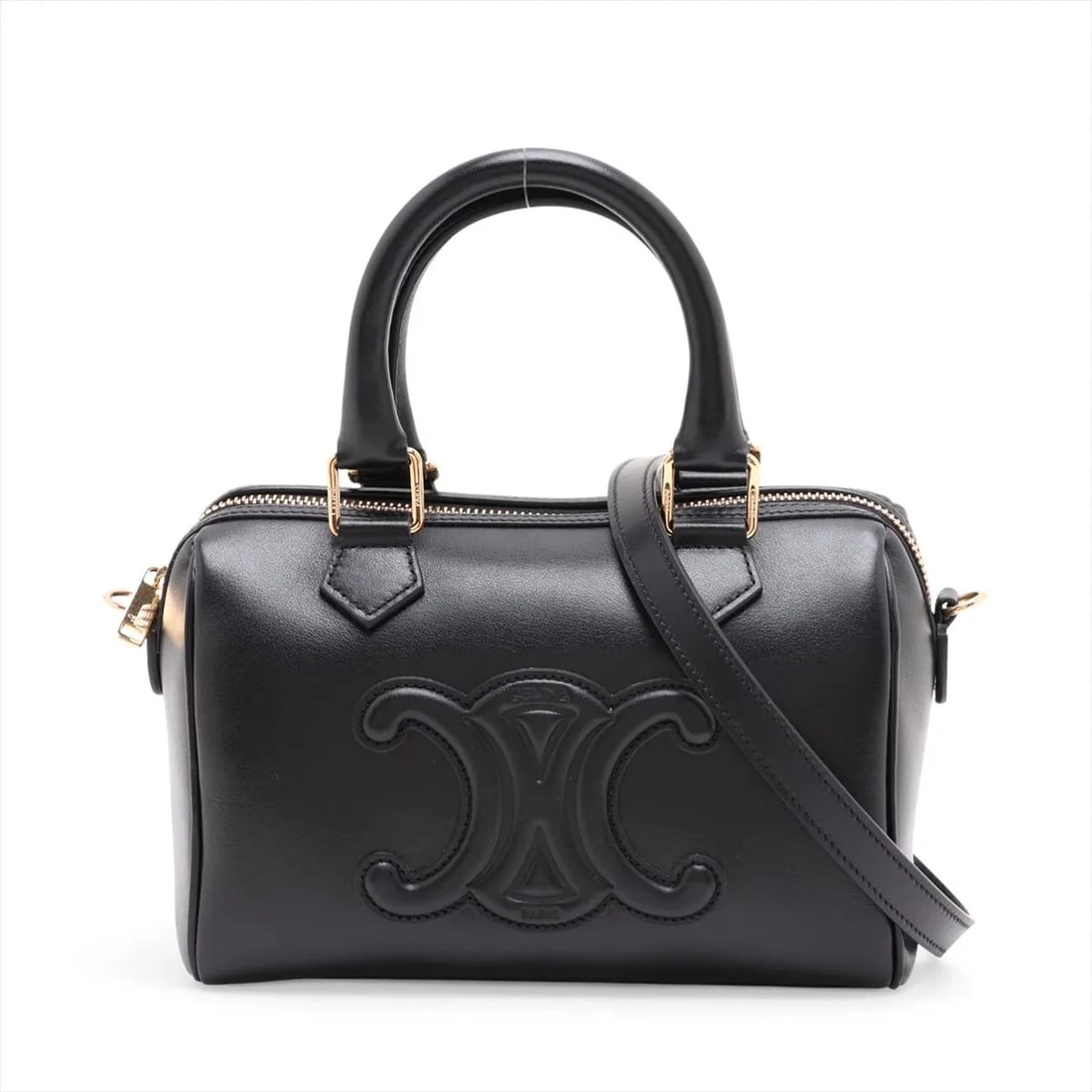 CELINE CUIR TRIOMPHE SMALL BOSTON LEATHER 2 WAY HANDBAG: Celine Cuir Triomphe Small Boston Leather 2 Way Handbag Brand: Celine Type/Style: Top Handle Bag Material: Leather Color: Black Size: Height:5.3inchLength:8.1inchDepth:4.1inch Accessories: None