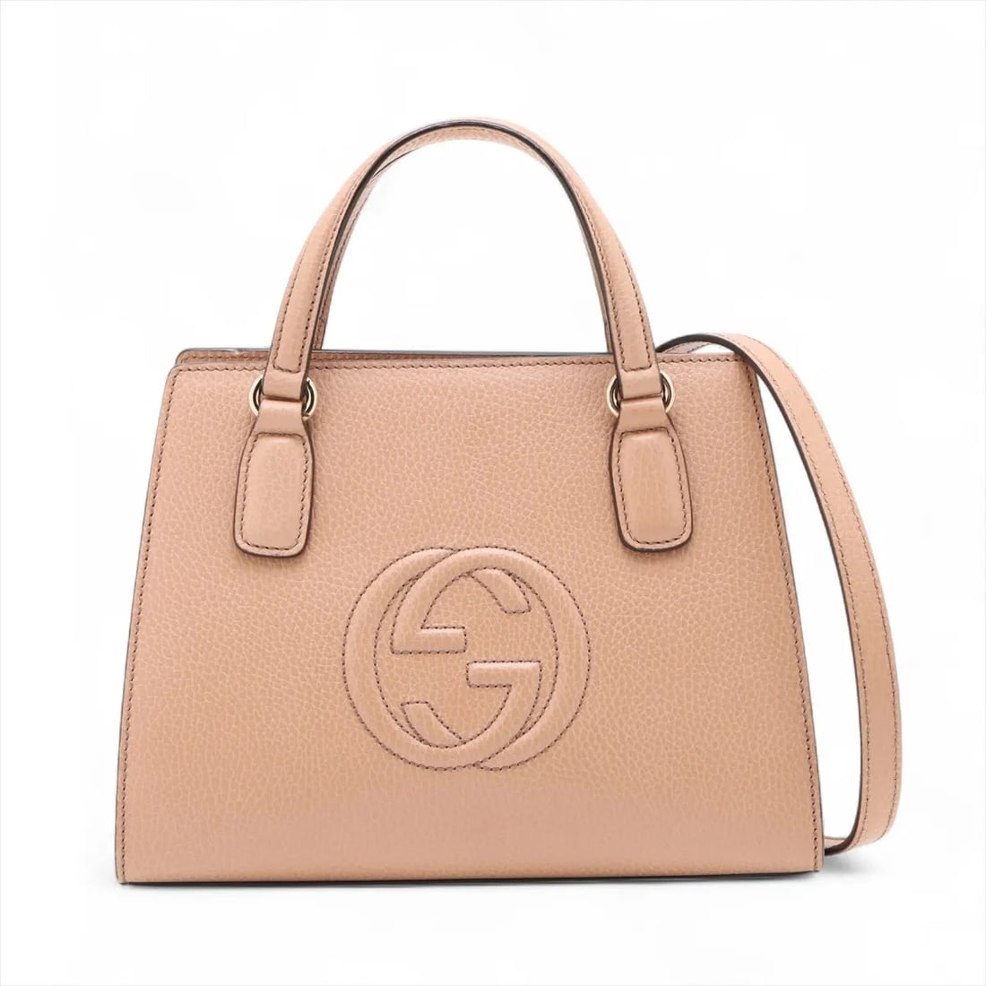 GUCCI SOHO LEATHER 2 WAY HANDBAG: Gucci Soho Leather 2 Way Handbag Brand: Gucci Type/Style: Top Handle Bag Material: Leather Color: Beige Size: Height:7.5inchLength:10.2inchDepth:5.1inch Accessories: None Accessories Notice: When