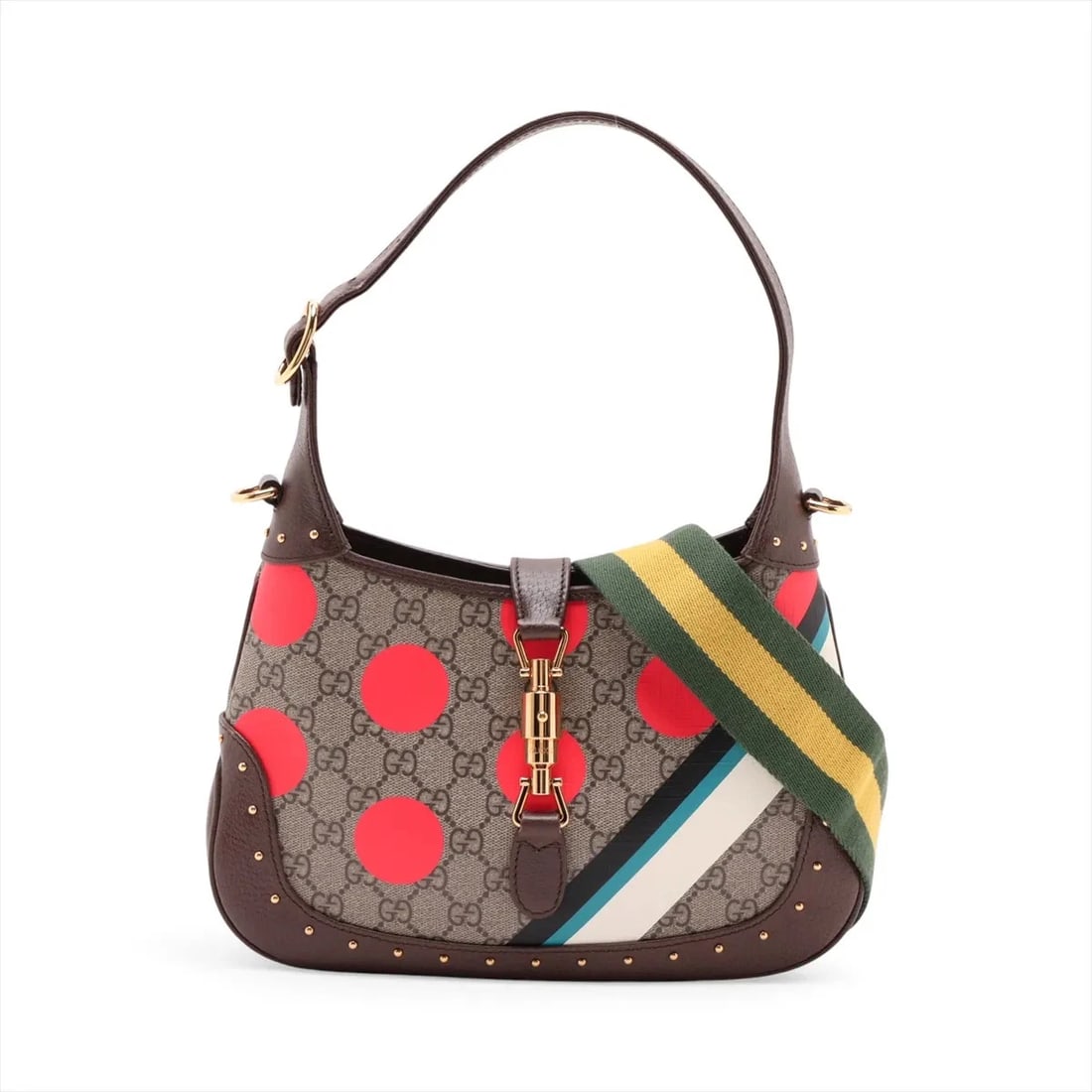 GUCCI GG SUPREME JACKIE PVC & LEATHER 2 WAY SHOULDER BAG: Gucci GG Supreme Jackie PVC & leather 2 Way Shoulder Bag Brand: Gucci Type/Style: Shoulder Bag Material: PVC & leather Color: Multicolor Size: Height:7.3inchLength:11.0inchDepth:1.6inch Accessorie