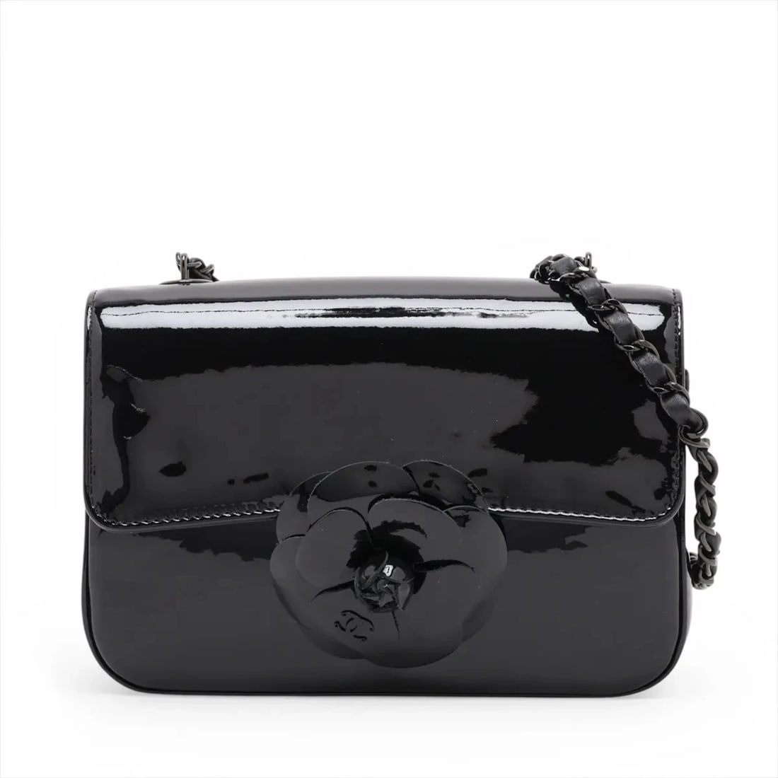 CHANEL CAMELIA PATENT LEATHER CHAIN SHOULDER BAG: Chanel Camelia Patent Leather Chain Shoulder Bag Brand: Chanel Type/Style: Shoulder Bag Material: Patent Leather Color: Black Size: Height:5.1inchLength:7.7inchDepth:2.6inch Accessories: None