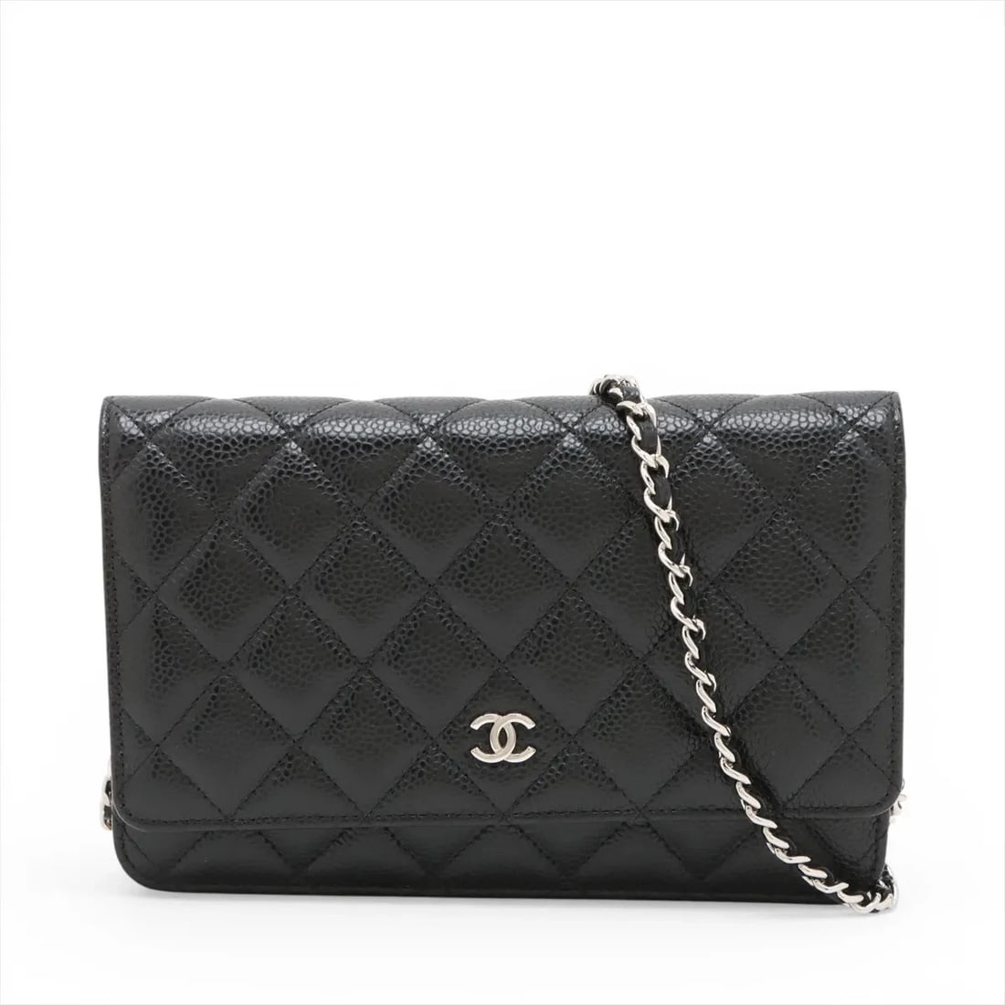 CHANEL MATELASSE CAVIAR SKIN CHAIN WALLET BLACK SILVER METAL: Chanel Matelasse Caviar Skin Chain Wallet Black Silver Metal Brand: Chanel Type/Style: Shoulder Bag Material: Caviar Skin Color: Black Size: Height:4.9inchLength:7.5inchDepth:1.4inch Accessories: