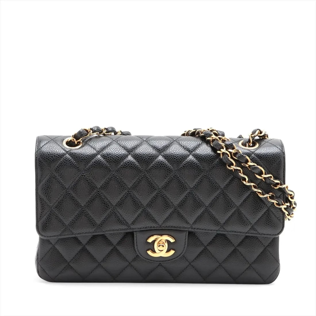 CHANEL MATELASSE 25 CAVIAR SKIN DOUBLE CHAIN BAG: Chanel Matelasse 25 Caviar Skin Double Chain Bag Brand: Chanel Type/Style: Shoulder Bag Material: Caviar Skin Color: Black Size: Height:5.9inchLength:9.8inchDepth:2.4inch Accessories: None