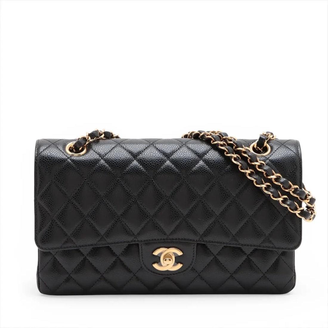 CHANEL MATELASSE 25 CAVIAR SKIN DOUBLE FLAP DOUBLE CHAIN BAG: Chanel Matelasse 25 Caviar Skin Double Flap Double Chain Bag Brand: Chanel Type/Style: Shoulder Bag Material: Caviar Skin Color: Black Size: Height:5.9inchLength:10.0inchDepth:2.4inch Accessories: