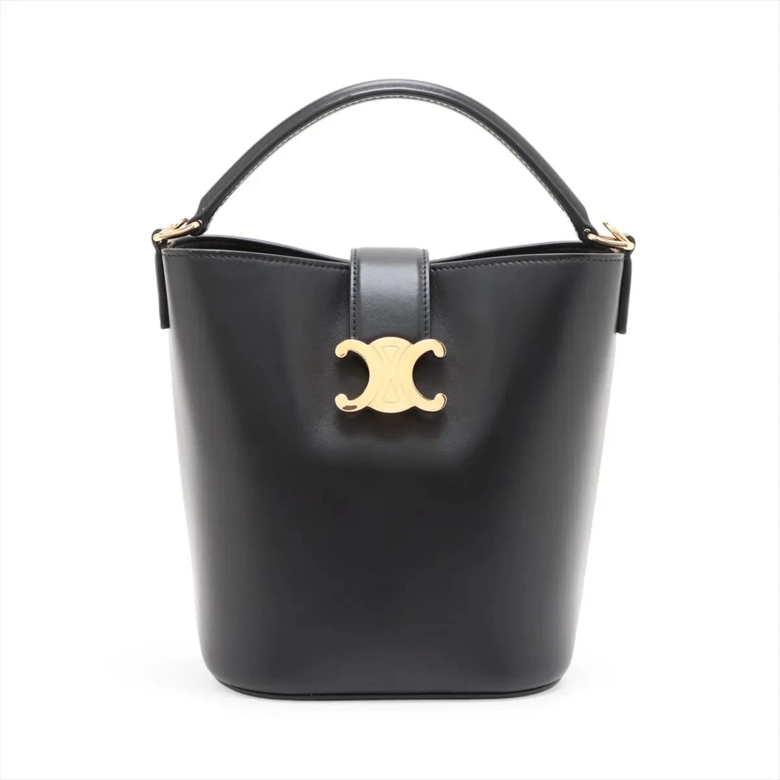 CELINE TRIOMPHE MINI BUCKETS LOUISE LEATHER HAND BAG: Celine Triomphe Mini buckets Louise Leather Hand bag Brand: Celine Type/Style: Top Handle Bag Material: Leather Color: Black Size: Height:7.5inchLength:6.3inchDepth:4.7inch Accessories: None <