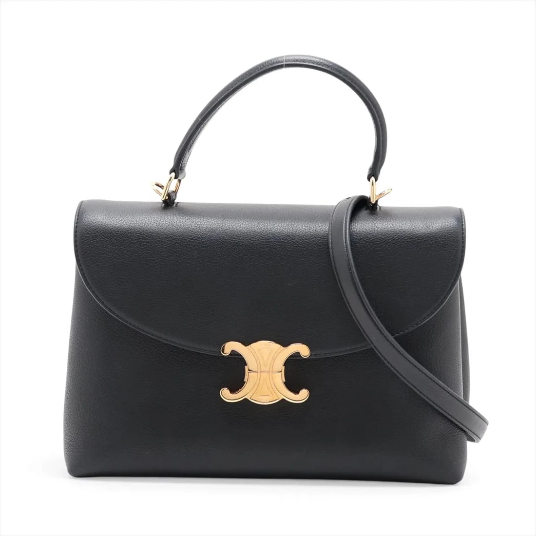 CELINE TRIOMPHE NINO LEATHER 2 WAY HANDBAG: Celine Triomphe Nino Leather 2 Way Handbag Brand: Celine Type/Style: Top Handle Bag Material: Leather Color: Black Size: Height:7.1inchLength:9.8inchDepth:3.9inch Accessories: None Accessories