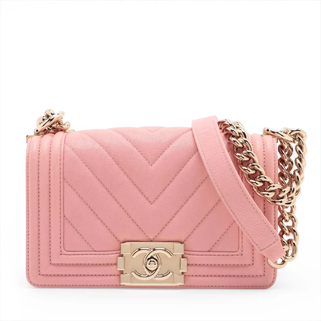CHANEL BOY 20 SMALL CAVIAR SKIN CHAIN SHOULDER BAG: Chanel Boy 20 Small Caviar Skin Chain Shoulder Bag Brand: Chanel Type/Style: Shoulder Bag Material: Caviar Skin Color: Pink Size: Height:4.7inchLength:7.9inchDepth:2.2inch Accessories: None