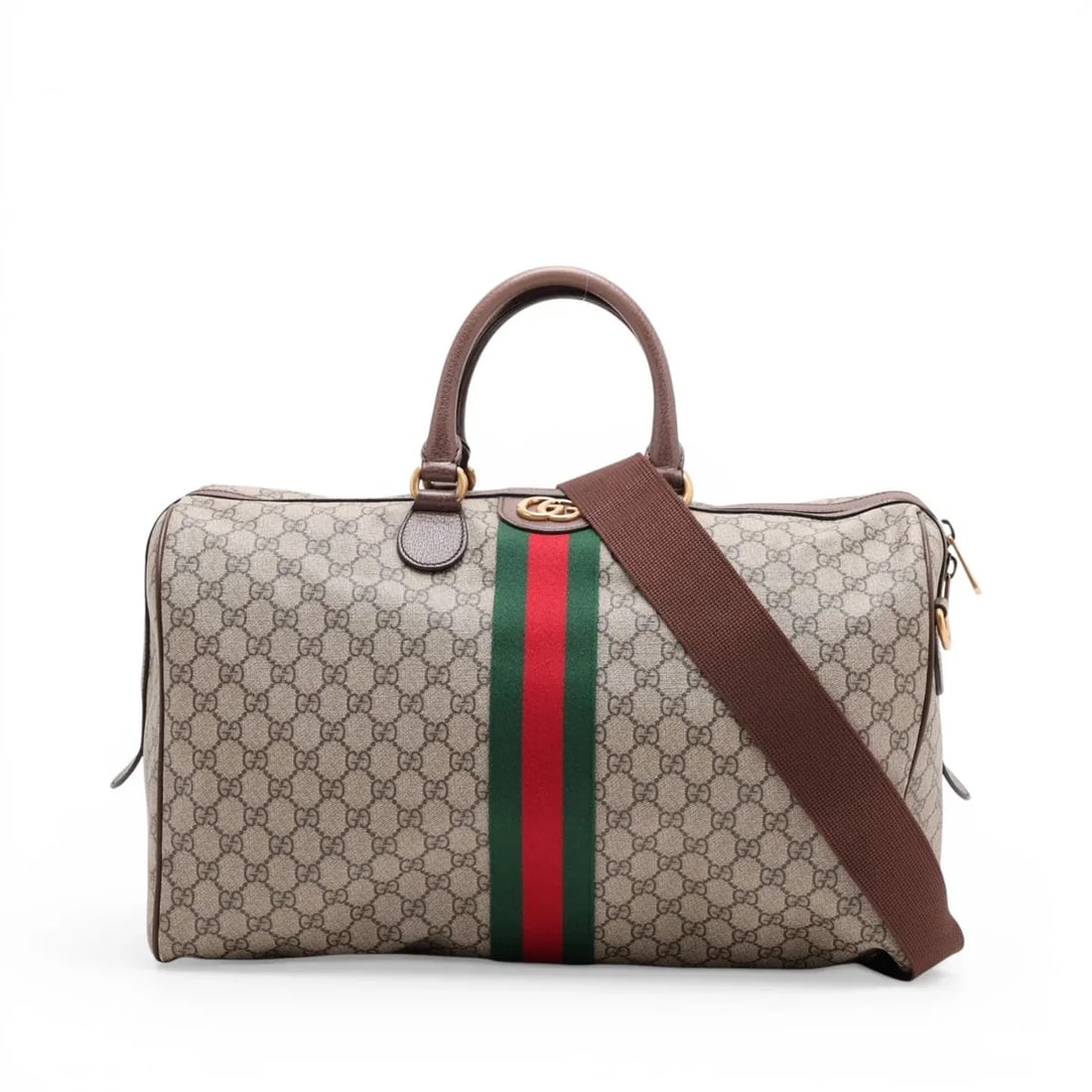 GUCCI GG SUPREME OPHIDIA PVC & LEATHER 2WAY BOSTON BAG: Gucci GG Supreme Ophidia PVC & leather 2WAY BOSTON BAG Brand: Gucci Type/Style: Duffle Material: PVC & leather Color: Beige Size: Height:10.6inchLength:17.7inchDepth:9.6inch Accessories: None