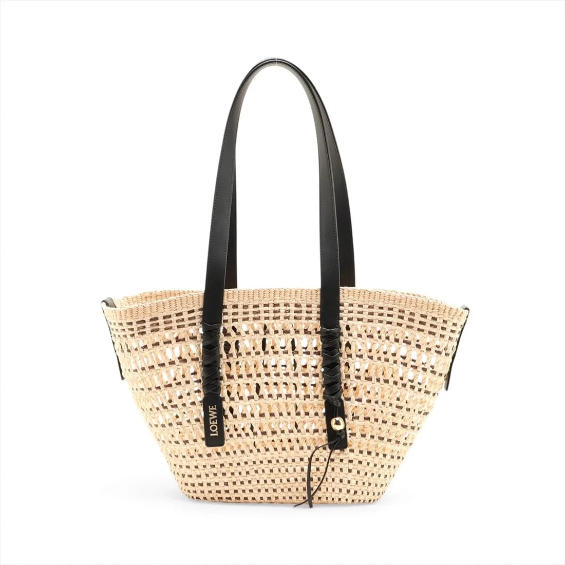 LOEWE BLADE BASKET MEDIUM RAFFIA X LEATHER STRAW BAG: Loewe blade basket Medium Raffia x leather Straw bag Brand: Loewe Type/Style: Tote Material: Raffia x leather Color: Beige x black Size: Height:9.8inchLength:9.3inchDepth:5.3inch Accessories: None