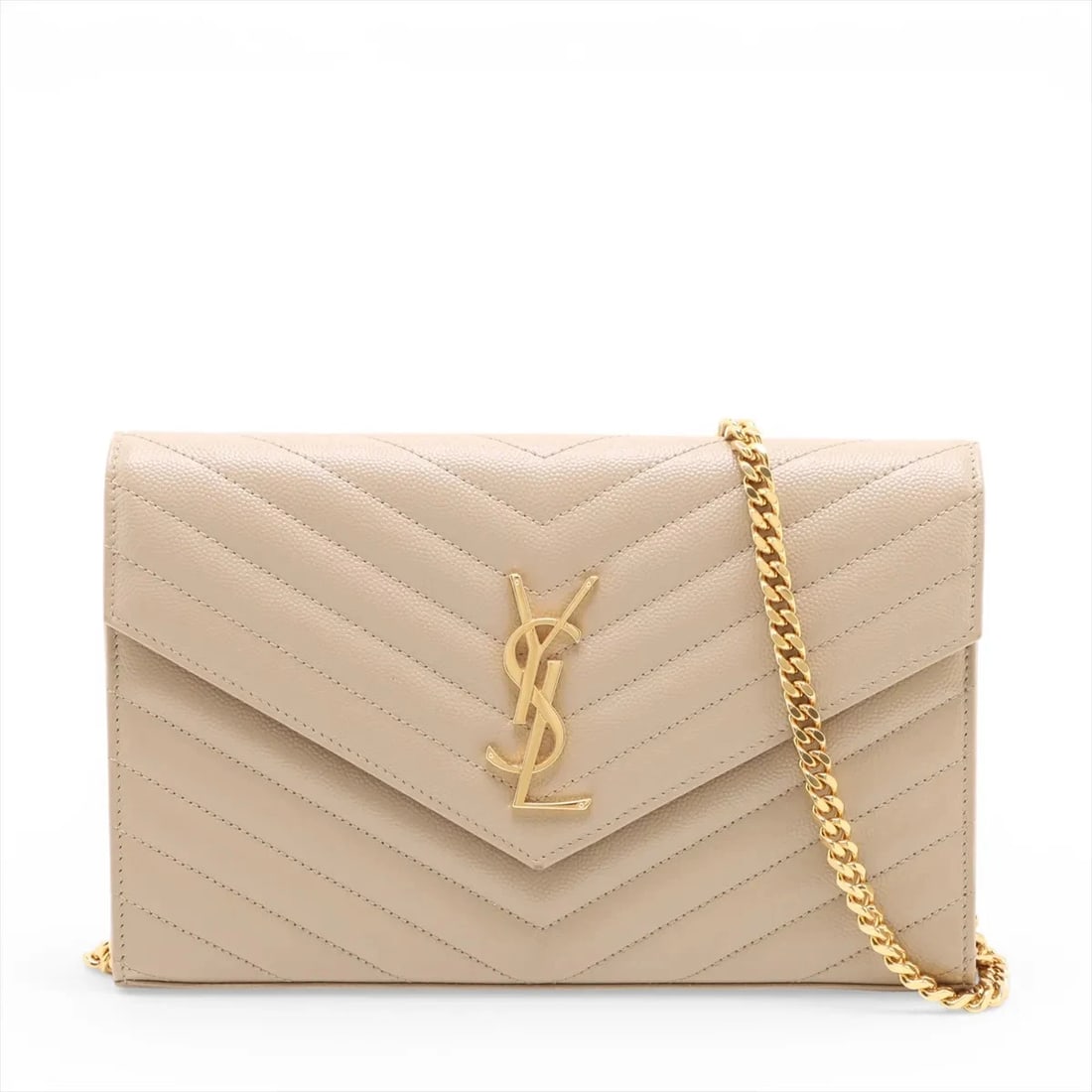 SAINT LAURENT PARIS CASSANDRA LEATHER CHAIN WALLET: Saint Laurent Paris Cassandra Leather Chain Wallet Brand: Saint Laurent Paris Type/Style: Shoulder Bag Material: Leather Color: Beige Size: Height:5.7inchLength:8.9inchDepth:1.2inch Accessories: None