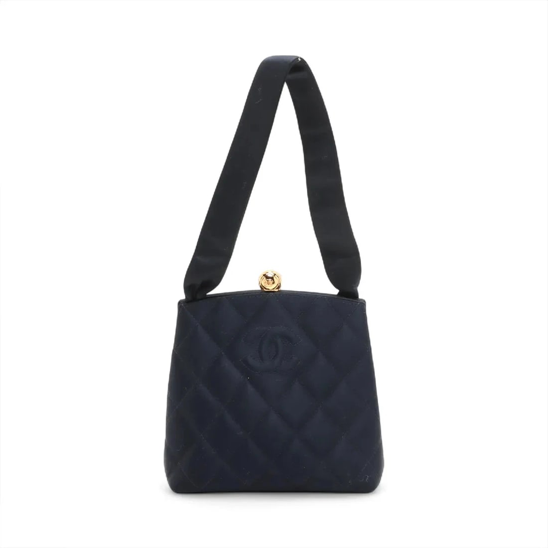 CHANEL MATELASSE SATIN HAND BAG GAMAGUCHI NAVY BLUE GOLD: Chanel Matelasse Satin Hand bag Gamaguchi Navy Blue Gold Brand: Chanel Type/Style: Top Handle Bag Material: Satin Color: Navy Blue Size: Height:6.3inchLength:6.1inchDepth:2.6inch Accessories: None