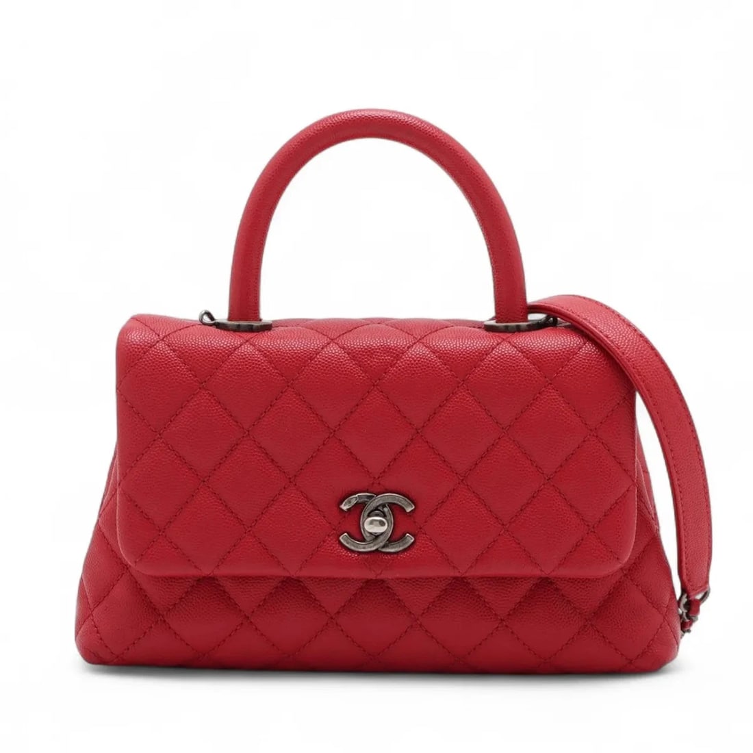 CHANEL COCO HANDLE 24 XS CAVIAR SKIN 2 WAY HANDBAG: Chanel Coco handle 24 XS Caviar Skin 2 Way Handbag Brand: Chanel Type/Style: Top Handle Bag Material: Caviar Skin Color: Red Size: Height:5.3inchLength:9.1inchDepth:3.3inch Accessories: None