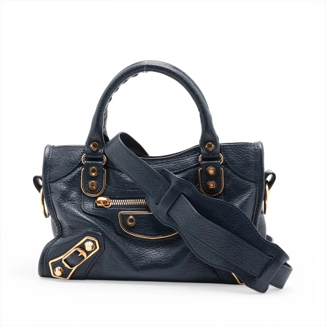 BALENCIAGA CLASSIC METALLIC EDGE CITY LEATHER 2 WAY HANDBAG: Balenciaga Classic metallic edge city Leather 2 Way Handbag Brand: Balenciaga Type/Style: Top Handle Bag Material: Leather Color: Navy Blue Size: Height:5.9inchLength:9.3inchDepth:3.3inch