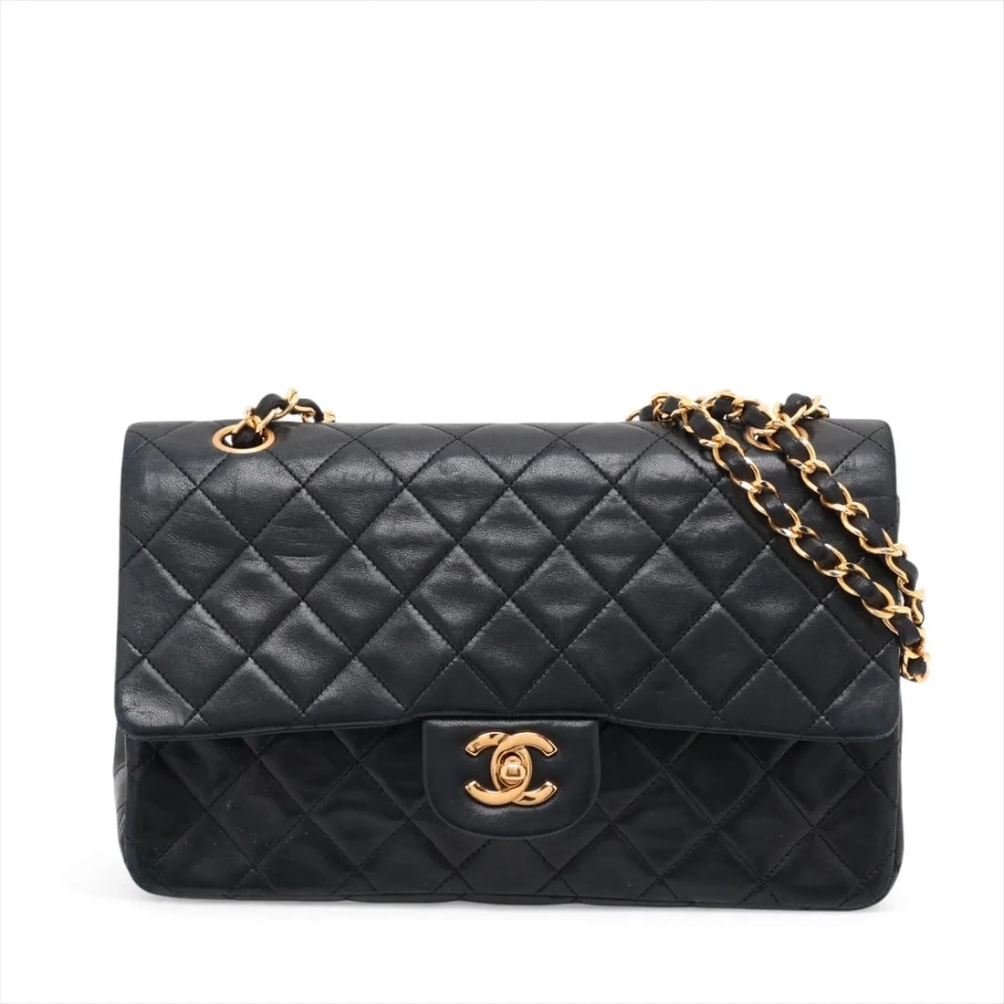 CHANEL MATELASSE 25 LAMBSKIN DOUBLE CHAIN BAG: Chanel Matelasse 25 Lambskin Double Chain Bag Brand: Chanel Type/Style: Shoulder Bag Material: Lambskin Color: Black Size: Height:5.9inchLength:9.8inchDepth:2.6inch Accessories: None Accessories