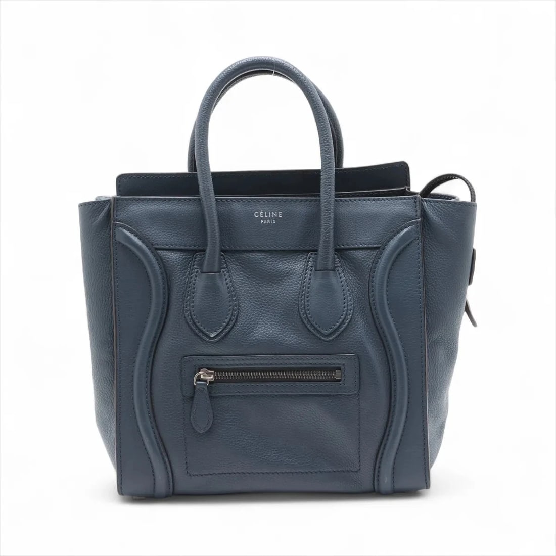 CELINE LUGGAGE MICRO SHOPPER LEATHER HAND BAG: Celine Luggage Micro Shopper Leather Hand bag Brand: Celine Type/Style: Top Handle Bag Material: Leather Color: Navy Blue Size: Height:10.8inchLength:10.2inchDepth:5.3inch Accessories: None